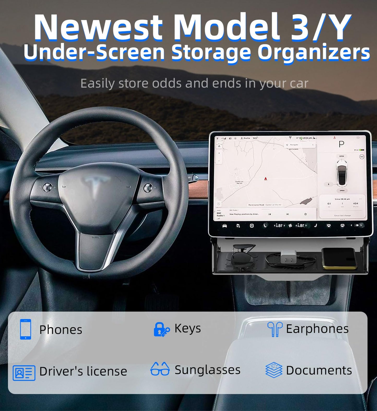 WinDu Under Screen Storage for Tesla Model 3 Y 2016-2025, Open and Close Hideable Center Console Organizer Tray with Anti-Slip Silicone Pad, Interior Accessories