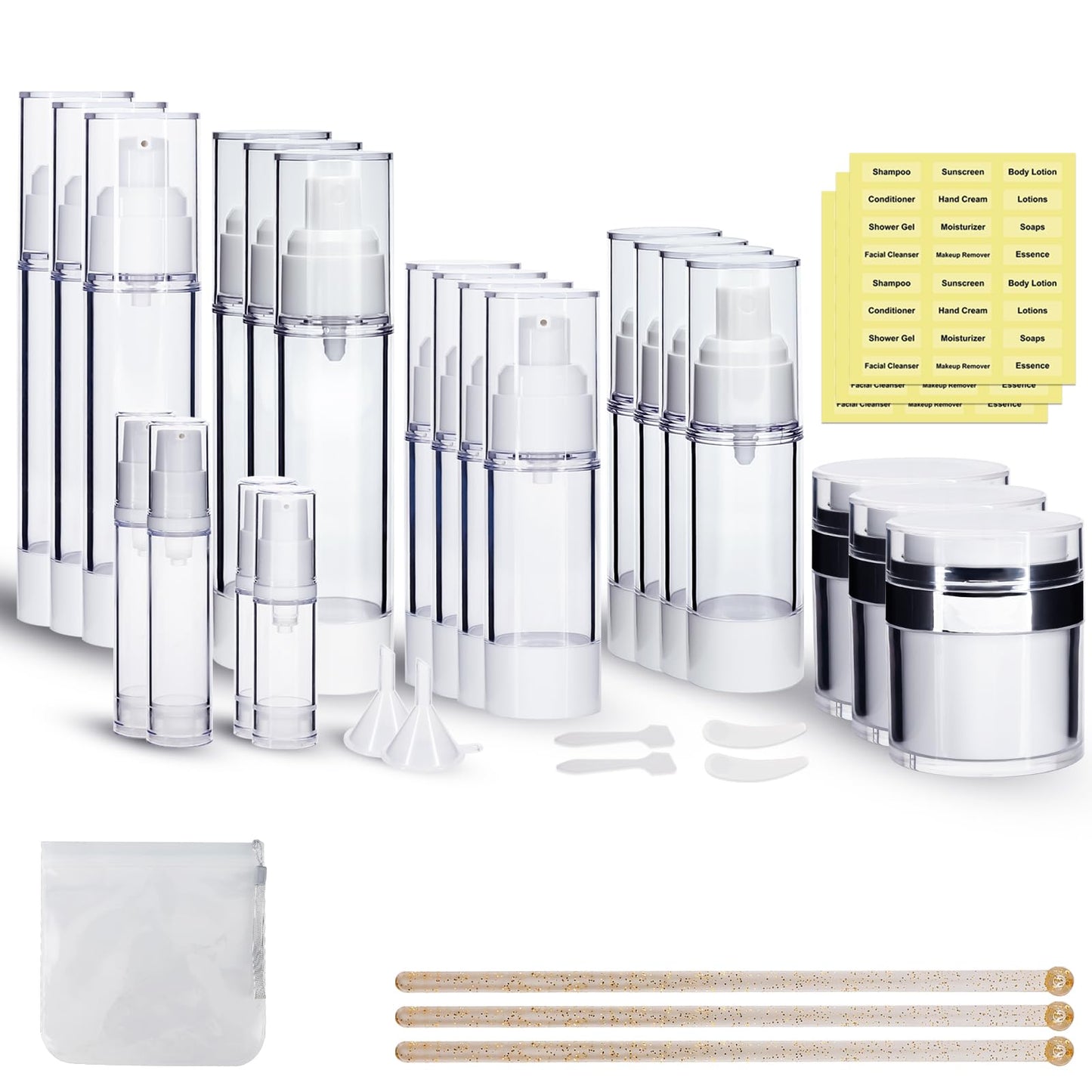 KOUWICH 34 Pack Airless Pump Jars Set, 1.7/1/0.7/0.34oz Refillable Travel Size Containers, Leak-Proof Toiletry Bottles for Skincare and Creams, Lotion, Eye Cream, Liquid, Foundation, Shampoo