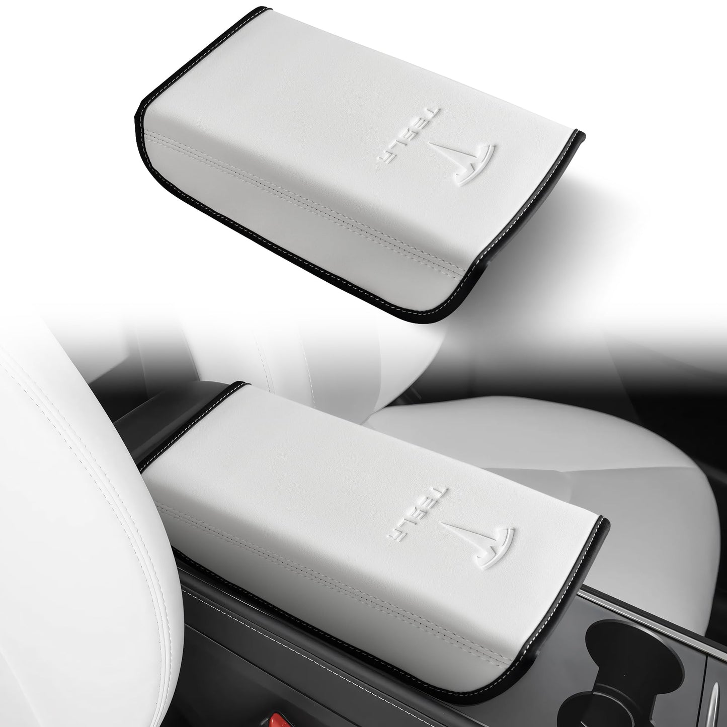 Tinlucys Armrest Cover Designed for Tesla Model 3/Y 2017-2023 2024,Leather Center Console Cover for Tesla Model 3/Y Interior Accessories White