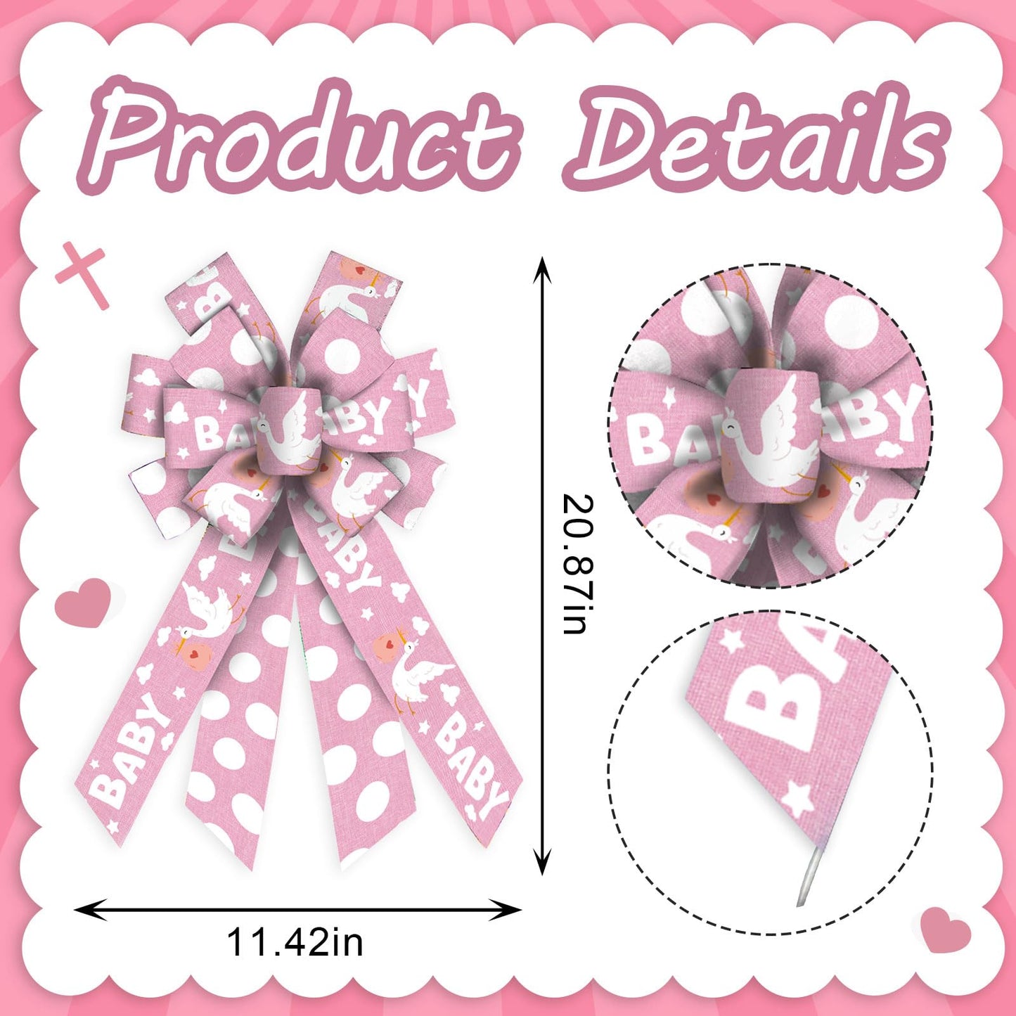 Threetols Baby Shower Wreath Bows, Pink Dot Bows for Wreath Baby Pink Decorative Bows for Front Welcome Home Shower Ornaments Hanging Wreath Bow for Indoor Outdoor Decor