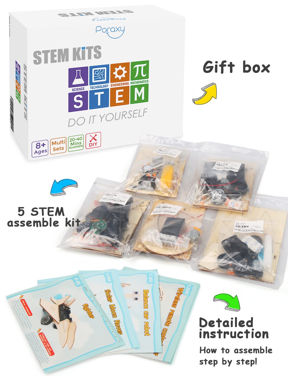 Poraxy STEM Model Car Kits, Toys for Boys Age 8-12, 5 in 1 Kids Wood Building Kit 8-10, 3D Wooden Puzzles, Educational Science Crafts Kits, Birthday Gifts for 8 9 10 11 12 13 14 Years Old Boys