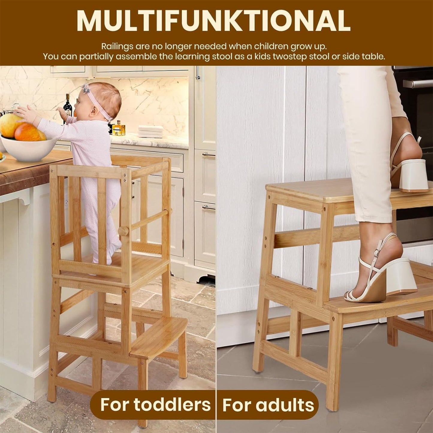 COSYLAND Kids Kitchen Step Stool,Toddler Standing Tower with CPC Certification, Removable Anti-Drop Railing Safety Rail Enjoys Unique Patented Design A Anti-tip Structure More Stable, Natural Bamboo