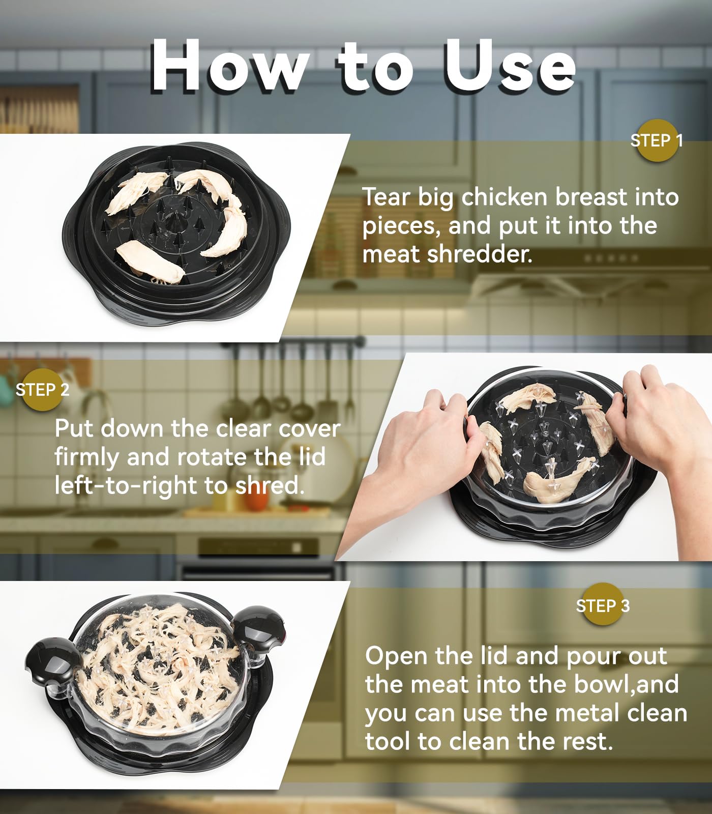 Chicken Shredder Tool Twist for Kitchen, Manual Chicken Breast Grinder Machine for Ground Food, Meat & Vegetables (Elegant Black)