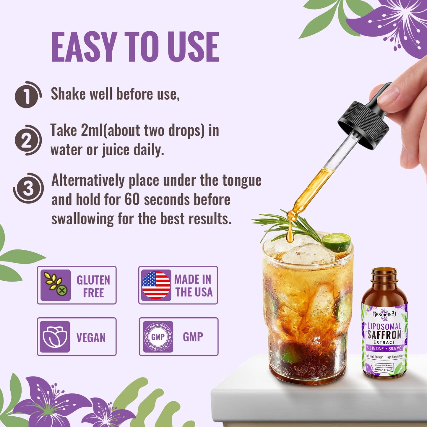 Saffron Supplements - 88.5 mg Saffron Extract Better Bioavailability Liposomal Drops for Mood, Energy, Vision & Focus with Ashwagandha, Turmeric, Magnesium, Zinc, Vitamin B12 & D3, 60 ml, 60 Servings