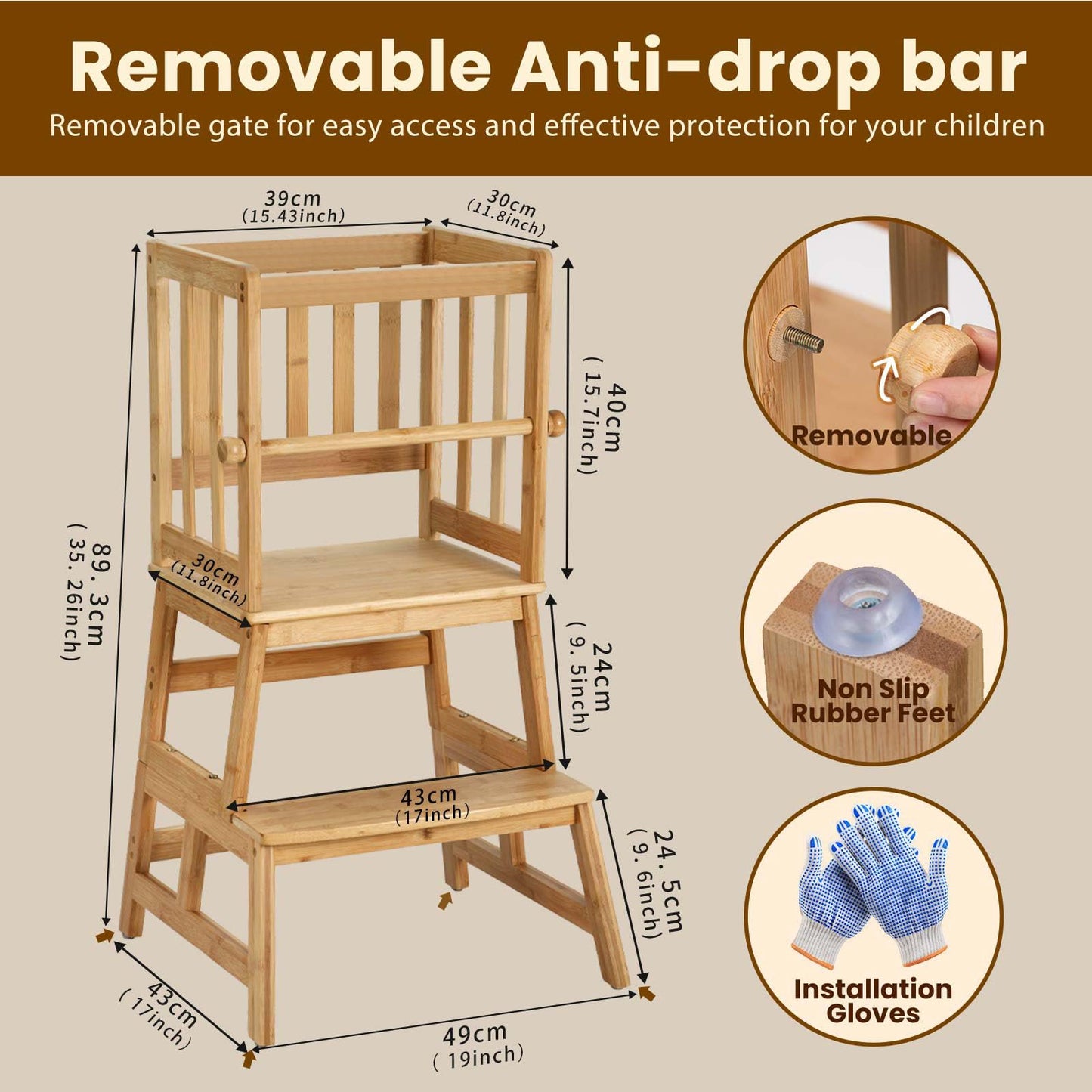 COSYLAND Kids Kitchen Step Stool,Toddler Standing Tower with CPC Certification, Removable Anti-Drop Railing Safety Rail Enjoys Unique Patented Design A Anti-tip Structure More Stable, Natural Bamboo