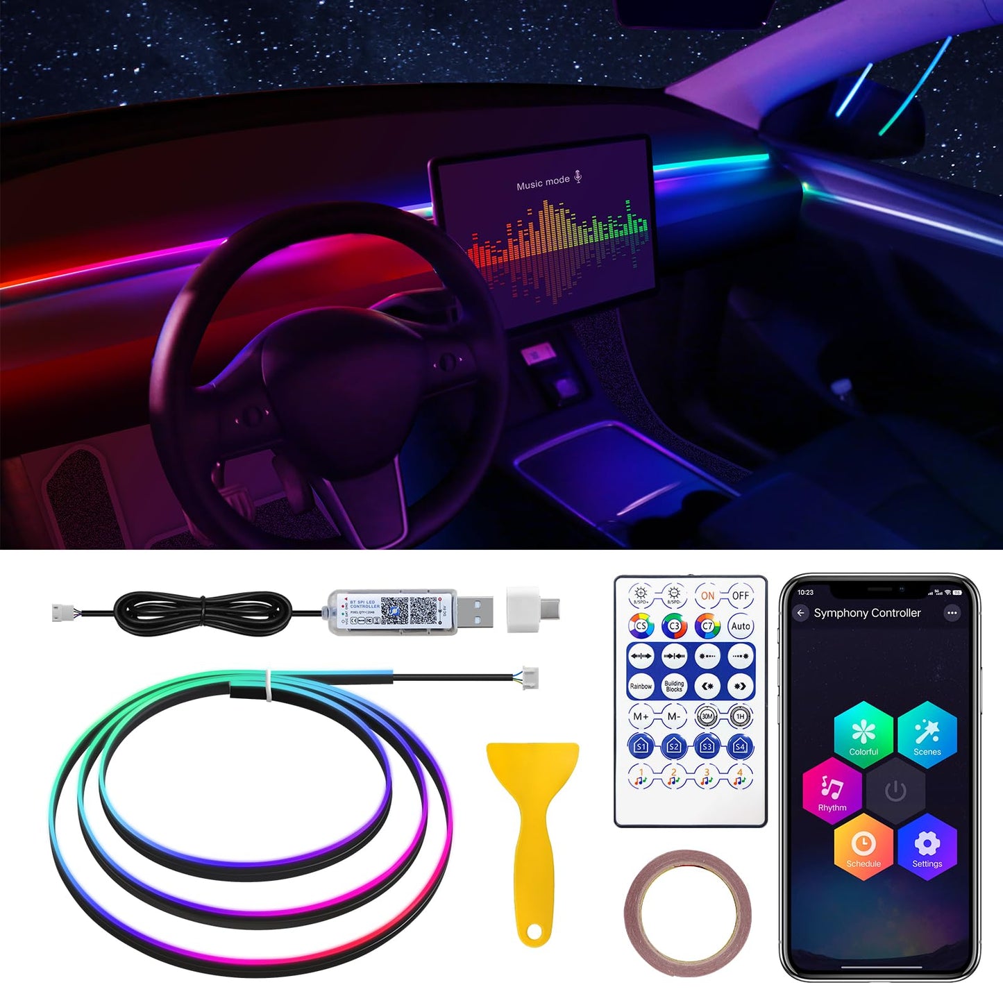 Tesla Model 3/Y/S/X Dreamcolor Acrylic Interior Car LED Strip Light, 55.1 inches Fiber Optic Tesla Ambient Lighting Kits, 16 Million Colors Sound Active Function Neon LED Strip for Car