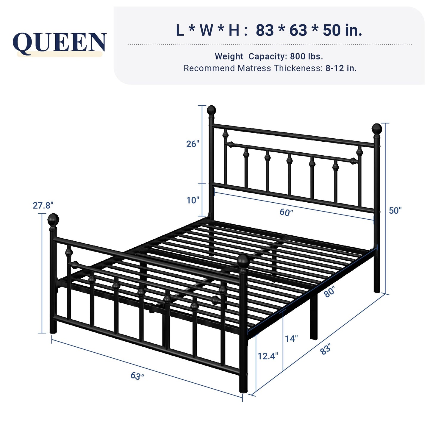 Allewie 14 Inch Queen Size Metal Platform Bed Frame with Victorian Vintage Headboard and Footboard/Under Bed Storage/No Box Spring Needed/Easy Assembly/Noise Free/Mattress Foundation/Black