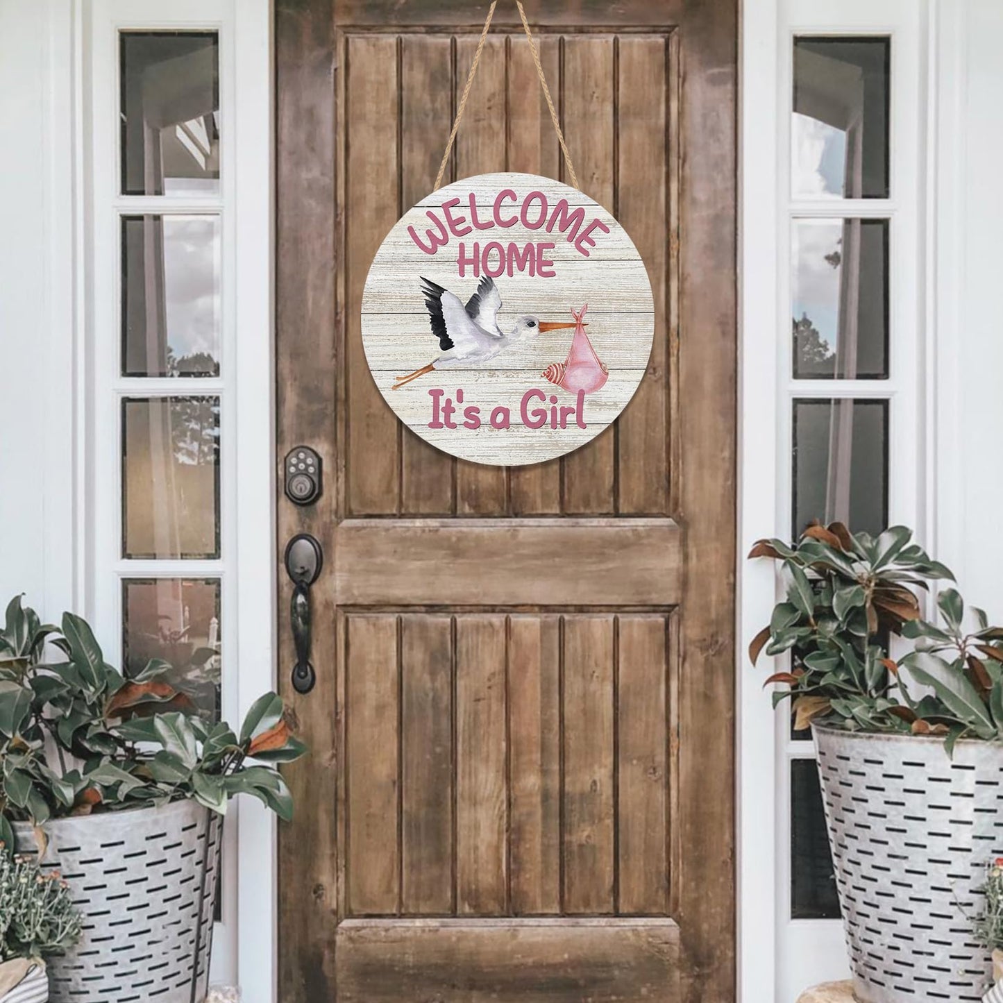 YINENA Welcome Home Baby Girl Door Sign Wood Door Hanger for Outdoor Outside Porch Farmhouse Newborn Gender Reveal Stork Wooden Indoor Wall Hanging Decoration