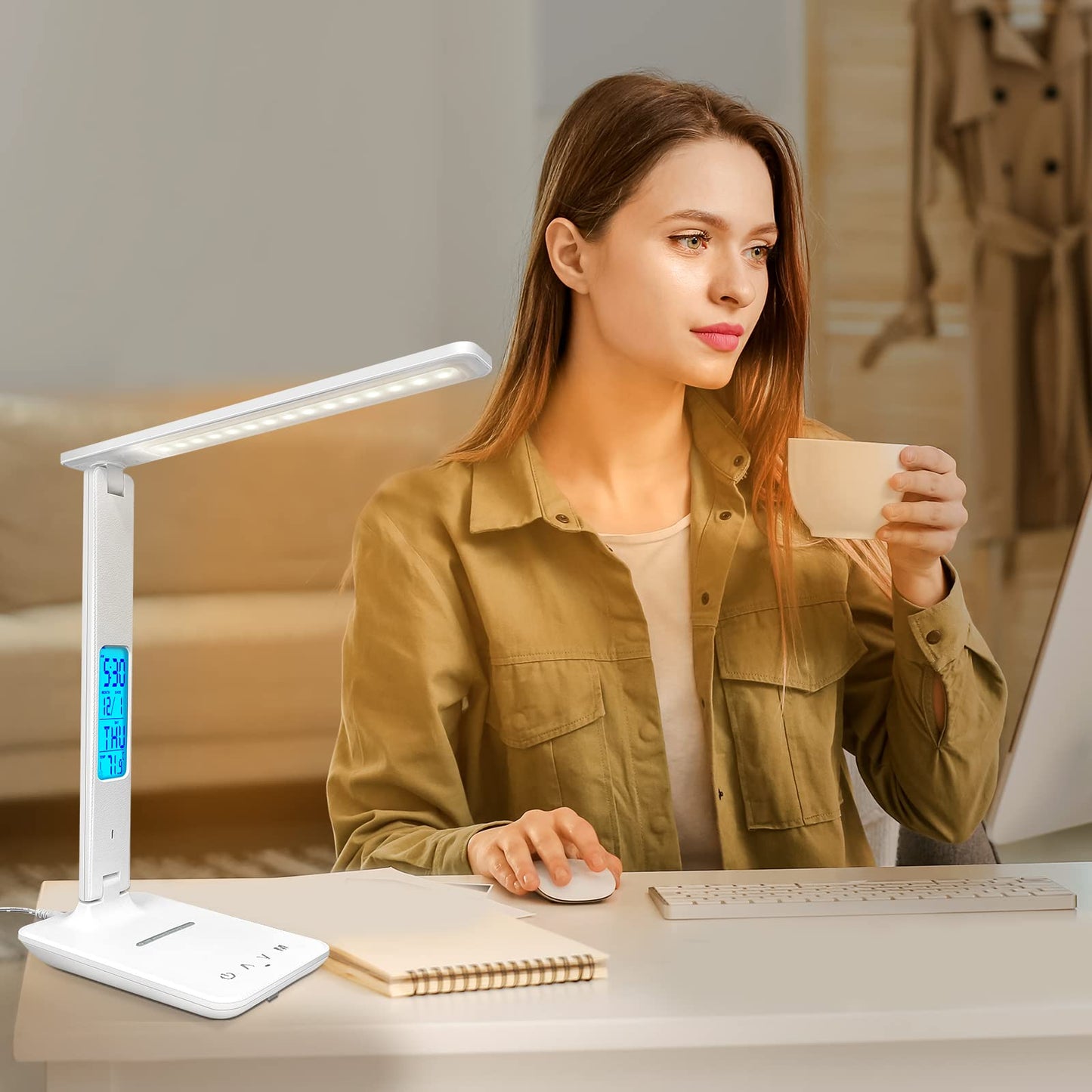 snsok Desk Lamp with Wireless Charger, USB Charging Port, Dimmable Office Desk Light with Clock, Alarm, Date, Temperature, Foldable Lamp for Table Bedroom Bedside Office (White)
