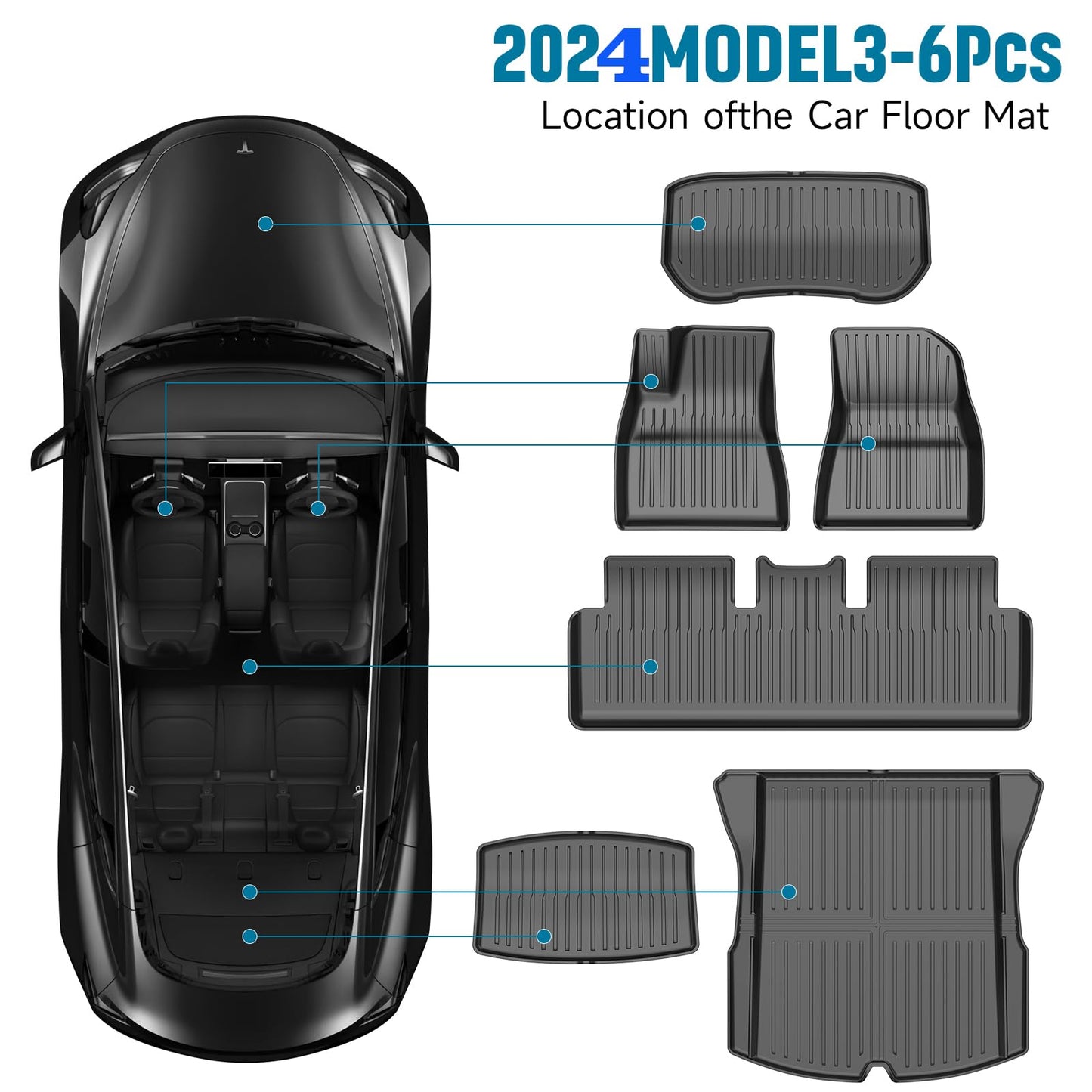 2025 New Version Tesla Model 3 Highland Floor Mats Custom Fit All Weather TPE Cargo Liner Cargo Trunk Accessories,Compatible 2021-2024 Tesla Model 3 (2025 Model 3 Full Floor Mat Kit Set of 6