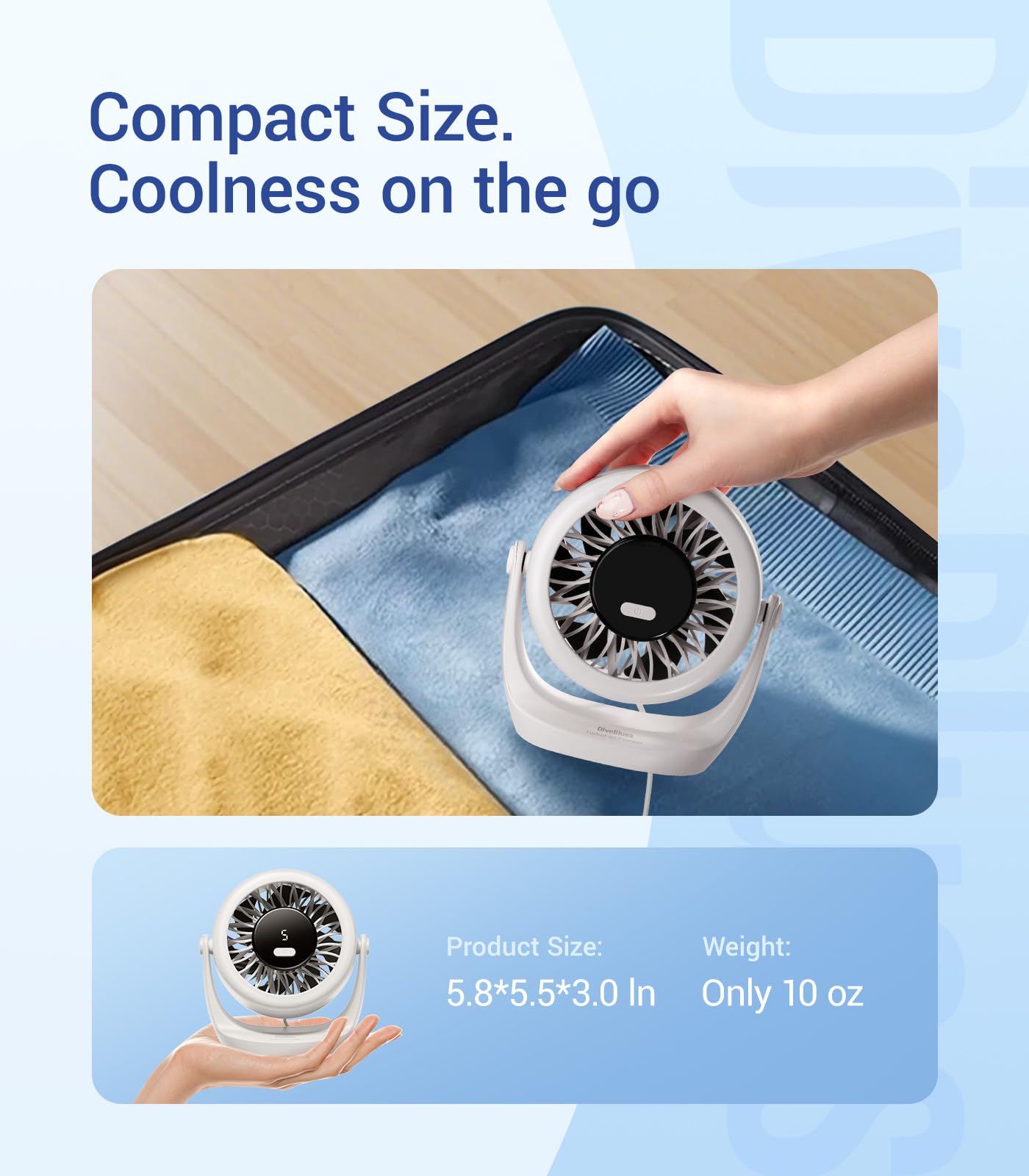 Diveblues USB Desk Turbo Fan, Ultra-Quiet Mini Desk Fan, Powerful Wind, LED Display, 5 Speed, 360° Rotating Small Portable Fan for Home, Office and Outdoor Cool Tech Gadgets - TurboBreeze