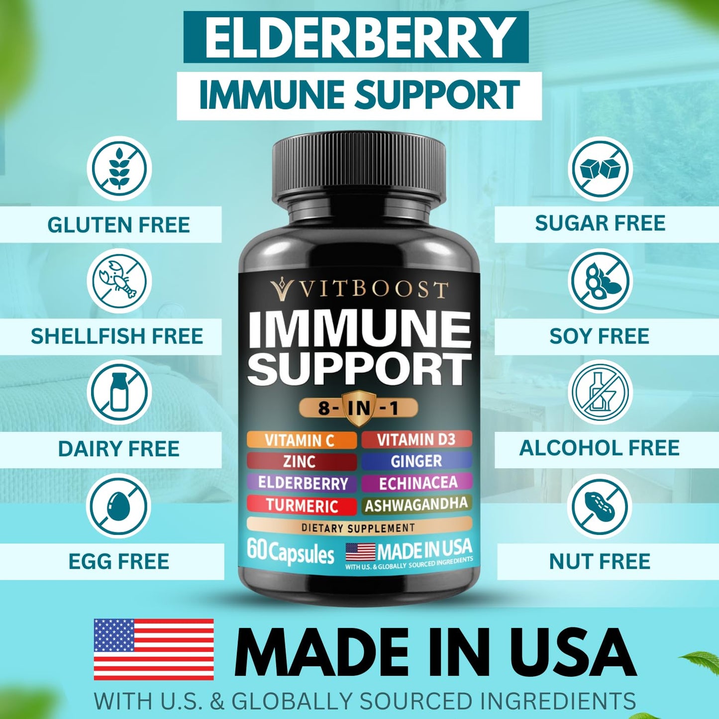 Elderberry Immune Support Supplement 8-in-1 Formula with Echinacea, Vitamin C & Zinc, Vitamin D 5000 IU, Turmeric, Ginger, Ashwagandha – 60 Capsules