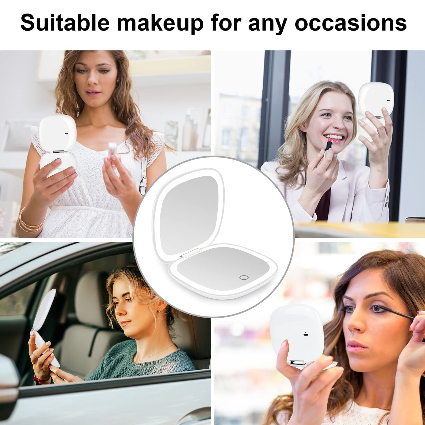 deweisn Compact Mirror, Lighted Travel Makeup Mirror with 1X/10X Magnifying Double Sided Dimmable Portable Pocket for Handbag and Pocket, USB Charging(White)