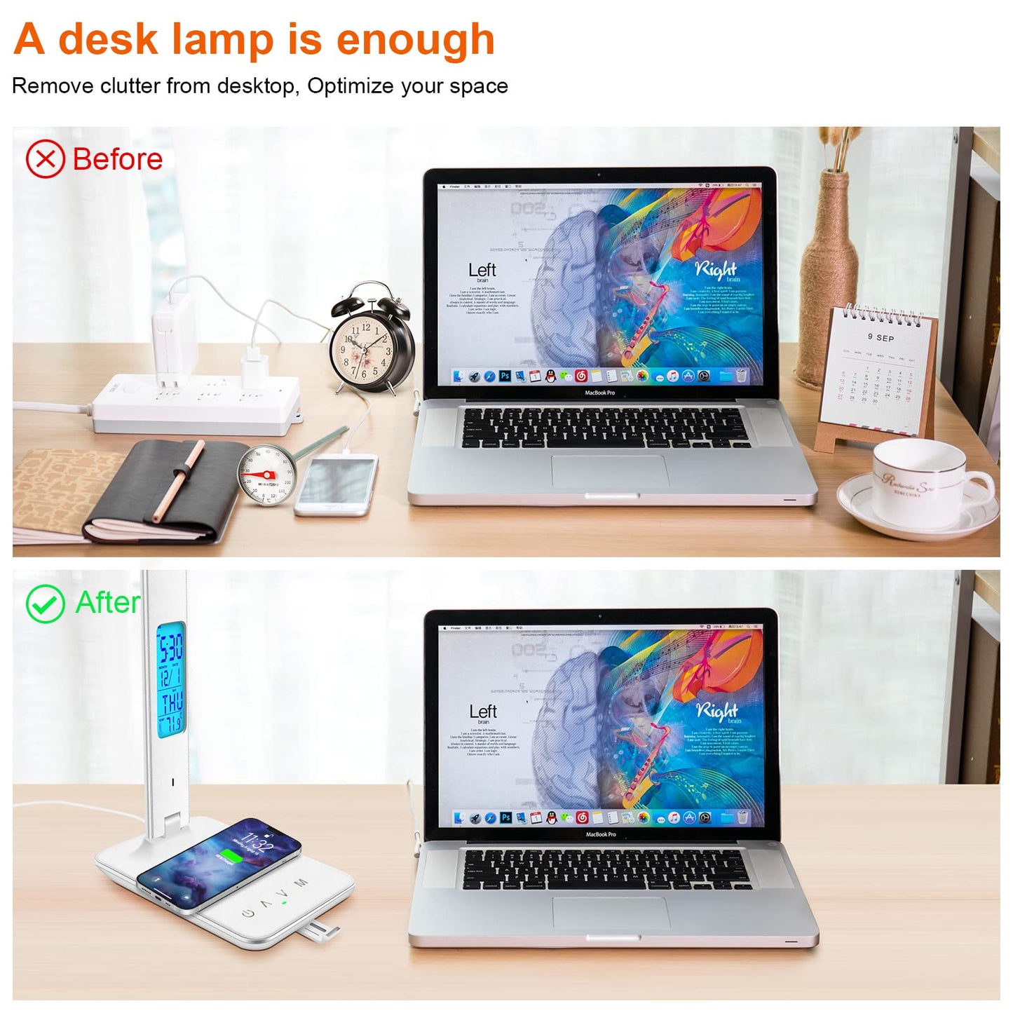 snsok Desk Lamp with Wireless Charger, USB Charging Port, Dimmable Office Desk Light with Clock, Alarm, Date, Temperature, Foldable Lamp for Table Bedroom Bedside Office (White)
