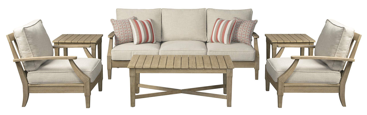Signature Design by Ashley Clare View Outdoor Eucalyptus Wood Single Cushioned Lounge Chair, Beige