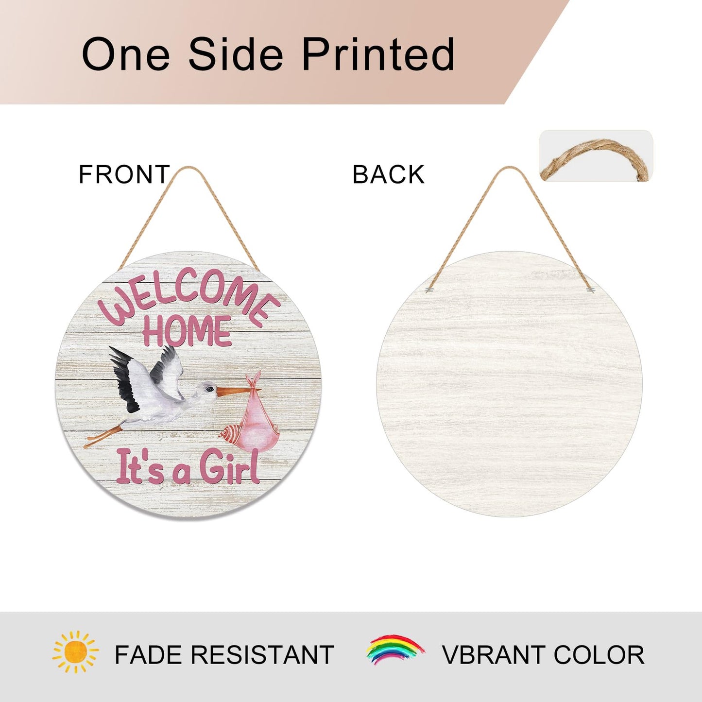 YINENA Welcome Home Baby Girl Door Sign Wood Door Hanger for Outdoor Outside Porch Farmhouse Newborn Gender Reveal Stork Wooden Indoor Wall Hanging Decoration