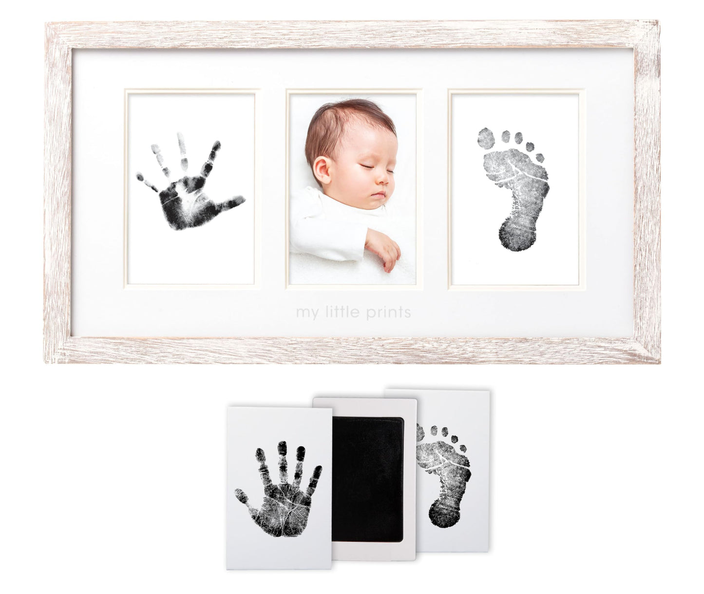 Pearhead My Little Prints Newborn Handprint & Footprint Frame Kit - No Mess Clean Touch Ink Pad, Gender-Neutral Keepsake, Ideal Shower Gift, Nursery Decor, Distressed Wood