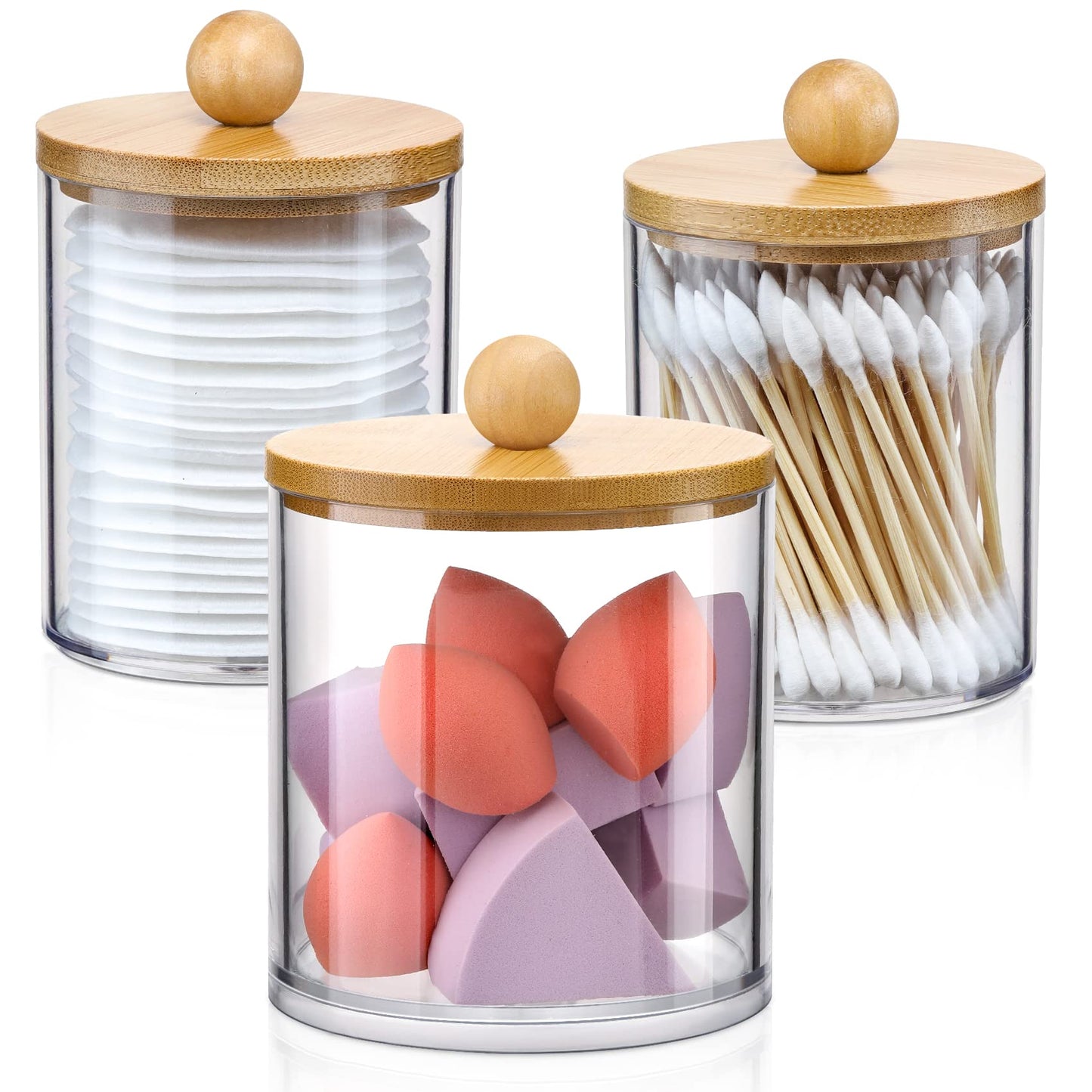3 Pack Qtip Holder Dispenser with Bamboo Lids - Apothecary Jar Containers for Vanity Organizer Storage - Bathroom Accessories Set for Cotton Swab, Ball, pads, floss