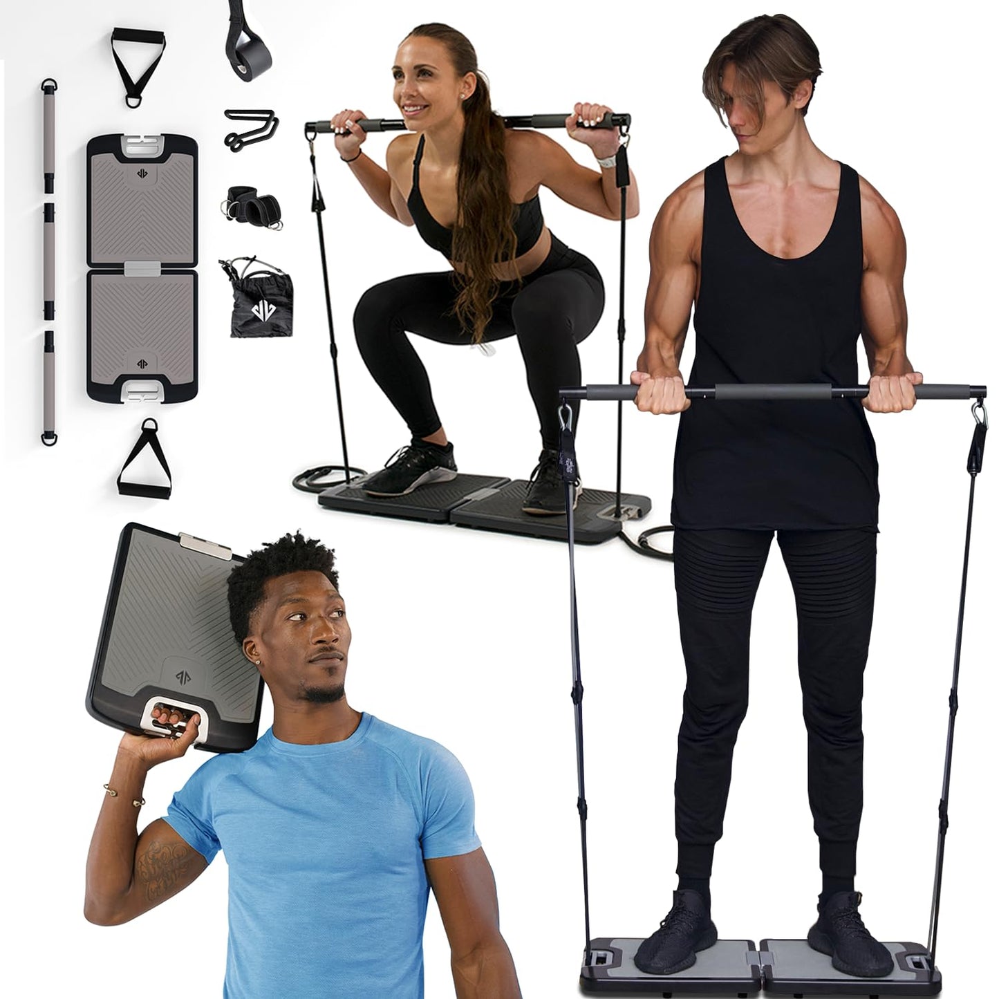 EVO Gym - Portable Home Gym Strength Training Equipment, at Home Gym | All in One Gym - 8 Resistance Bands, Base Holds Gym Bar & Handles for Travel | Portable Gym & Home Exercise Equipment | 220LBS