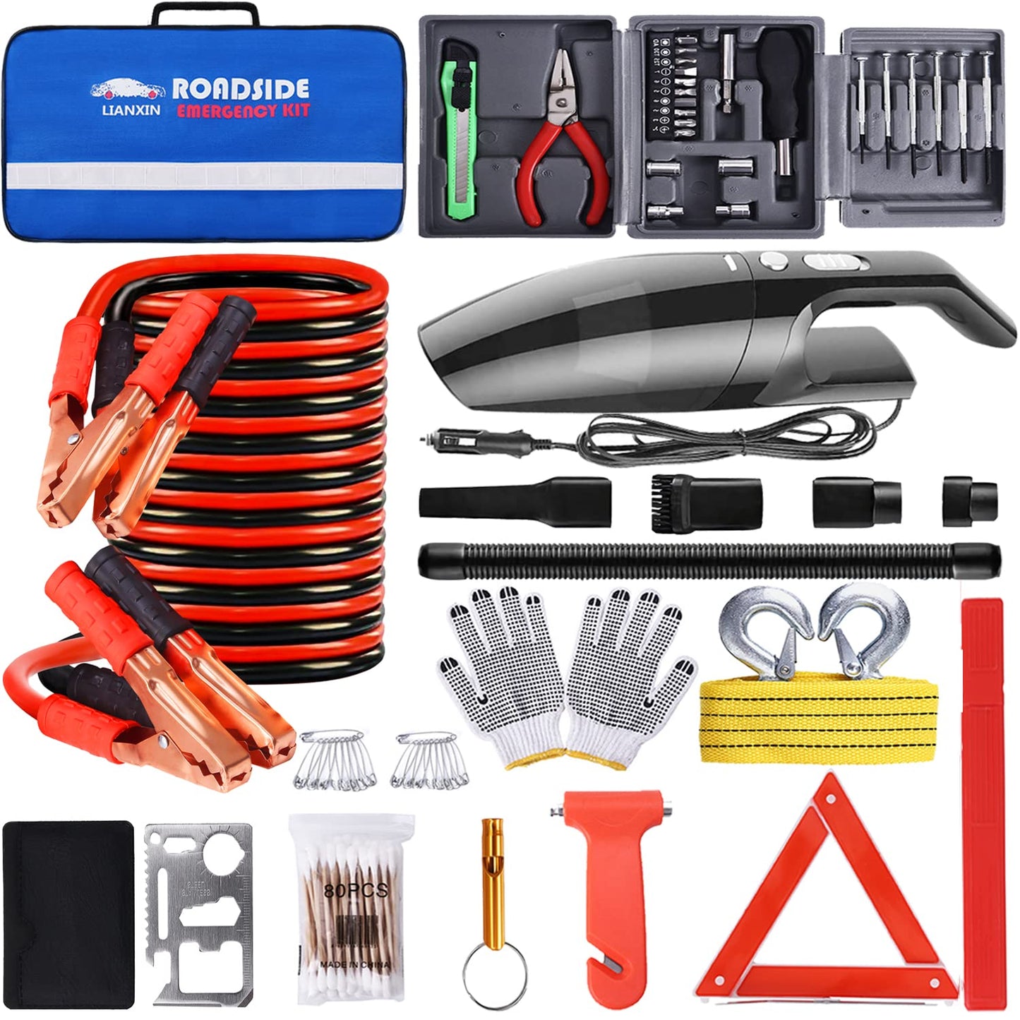 LIANXIN Roadside Car Emergency Kit- Car Safety Kit,Car Kits Emergency,High Power Car Vacuum,Jumper Cable Kits,Reflective Warning Triangle,Car Emergency Kit