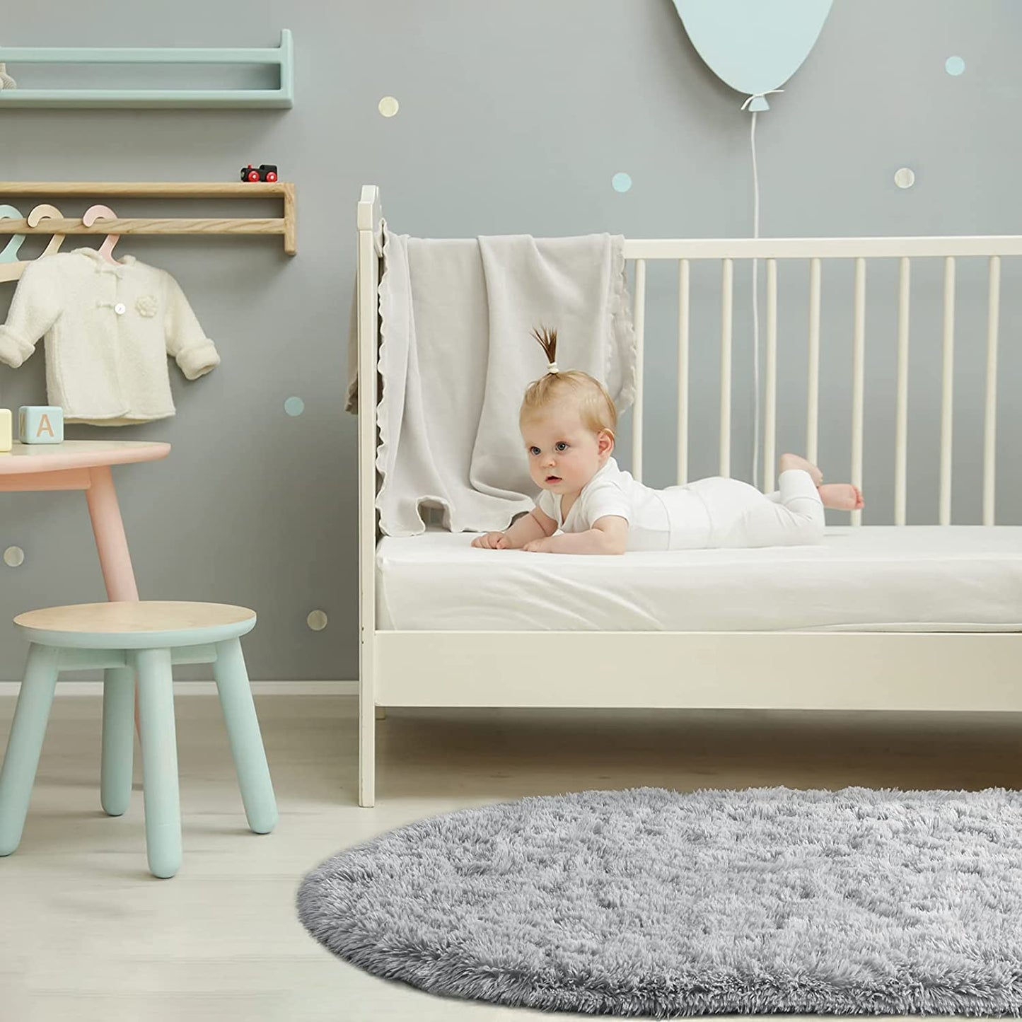 Softlife Fluffy Rugs for Bedroom, 2 Packs Shag Cute Area Rug for Girls and Kids Baby Room Home Decor, 2.6 x 5.3 Feet Oval Indoor Carpet for Nursery Dorm Living Room, Grey