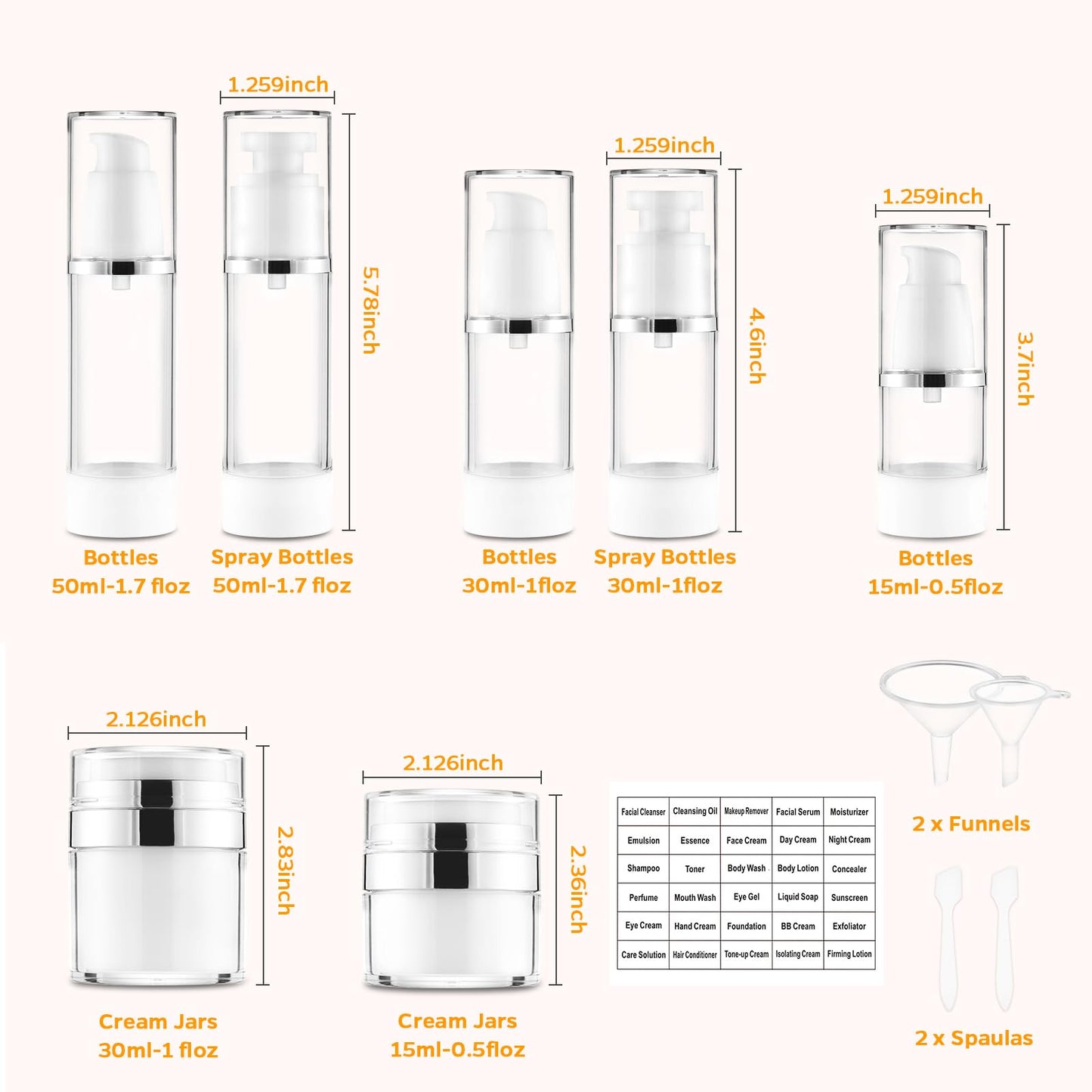 13 Pack Travel Size Containers, 1.7/1/0.5oz Clear Airless Pump Bottles, Makeup Containers, TSA Approved Skincare Empty Travel Bottles Leak Proof Refillable Jars for Toiletries, Lotion, Liquid, Cream