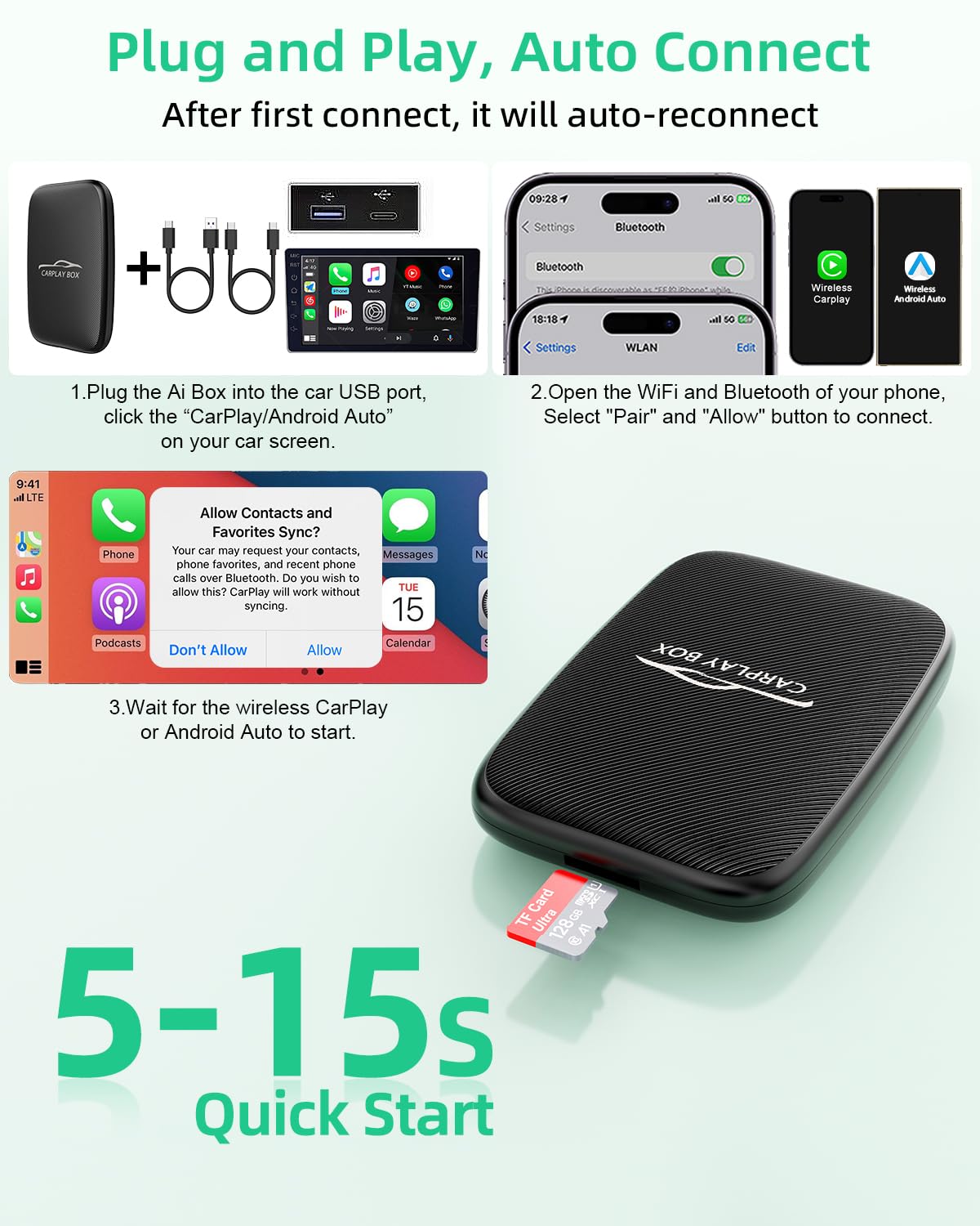 5 in 1 Wireless CarPlay Adapter with Netflix YouTube, 2025 New Carplay Wireless & Android Auto Adapter Converts Wired to Wireless Carplay Dongle Magic CarPlay Ai Box Streaming Video for iPhone/Android