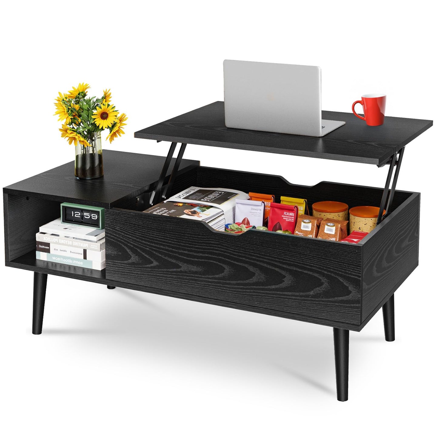 Wood Lift Top Coffee Table with Hidden Compartment and Large Storage Shelf, Lift Tabletop Dining Center Table for Home Living Room Office, Black