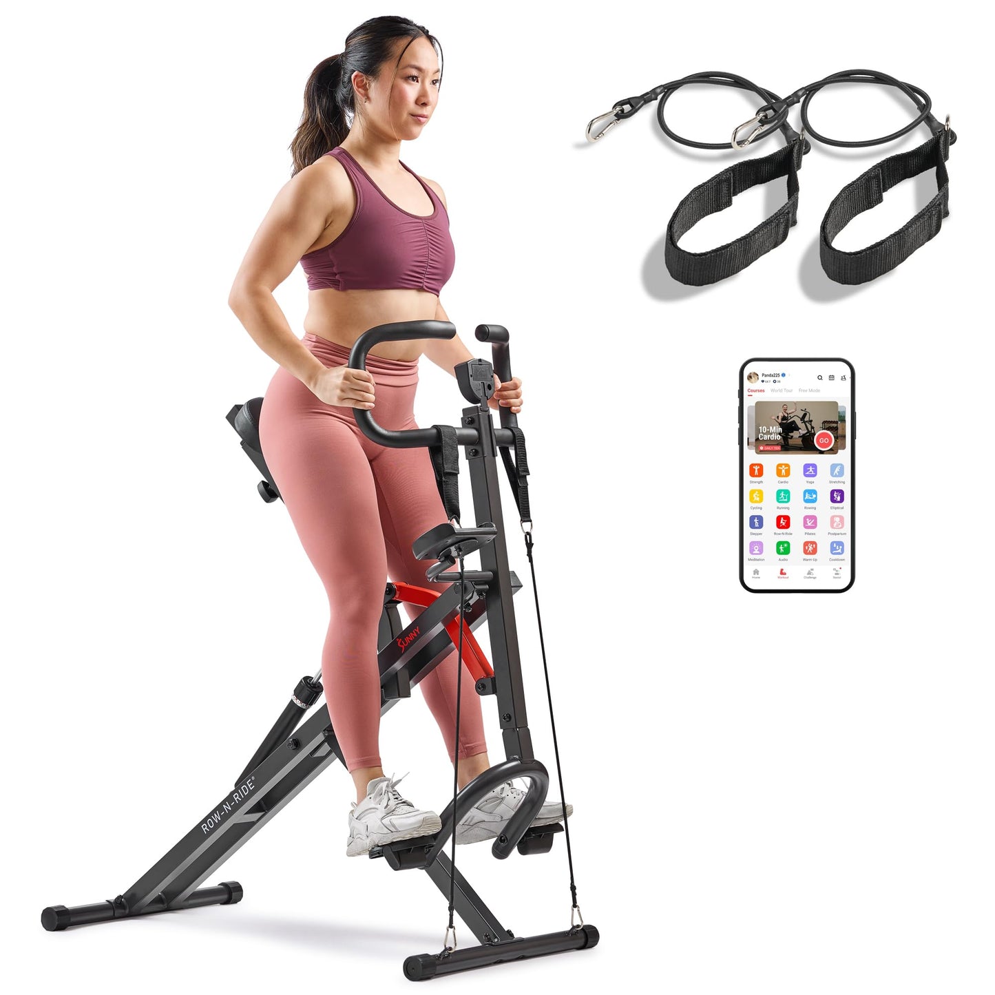 Sunny Health & Fitness Row-N-Ride PRO Smart Squat Rowing Machine for Home, 300 LB Weight Capacity Rower with 12 Level Hydraulic Resistance, Easy Setup Full Body Exercise Equipment - SF-A020052SMART