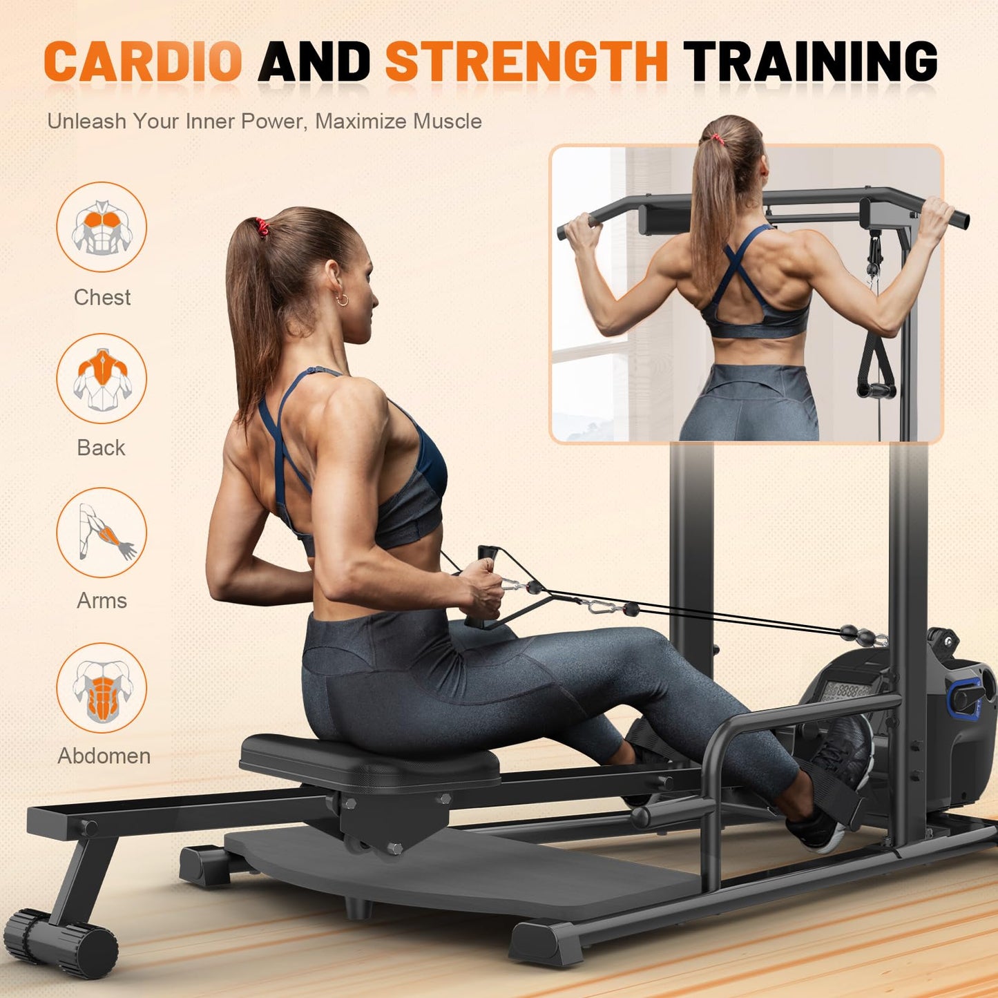 Decorcn Compact Home Gym, Foldable Rowing Machines for Home Gym, Full Body Strength Training with Pull Up Station, Power Rack, LAT Pulldown Machine, Cable Machine for Home Workout