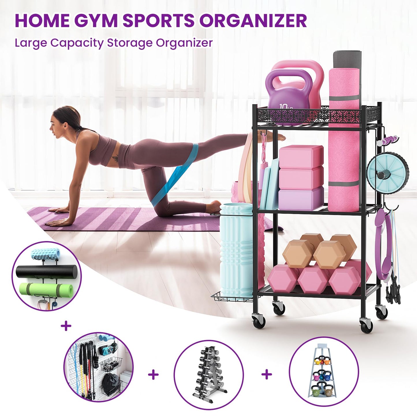 Yoga Mat Storage Rack, Home Gym Storage Rack Yoga Mat Holder, VOPEAK Workout Storage for Yoga Mat, Foam Roller, Gym Organizer Gym Equipment Storage for Home Exercise and Fitness Gear