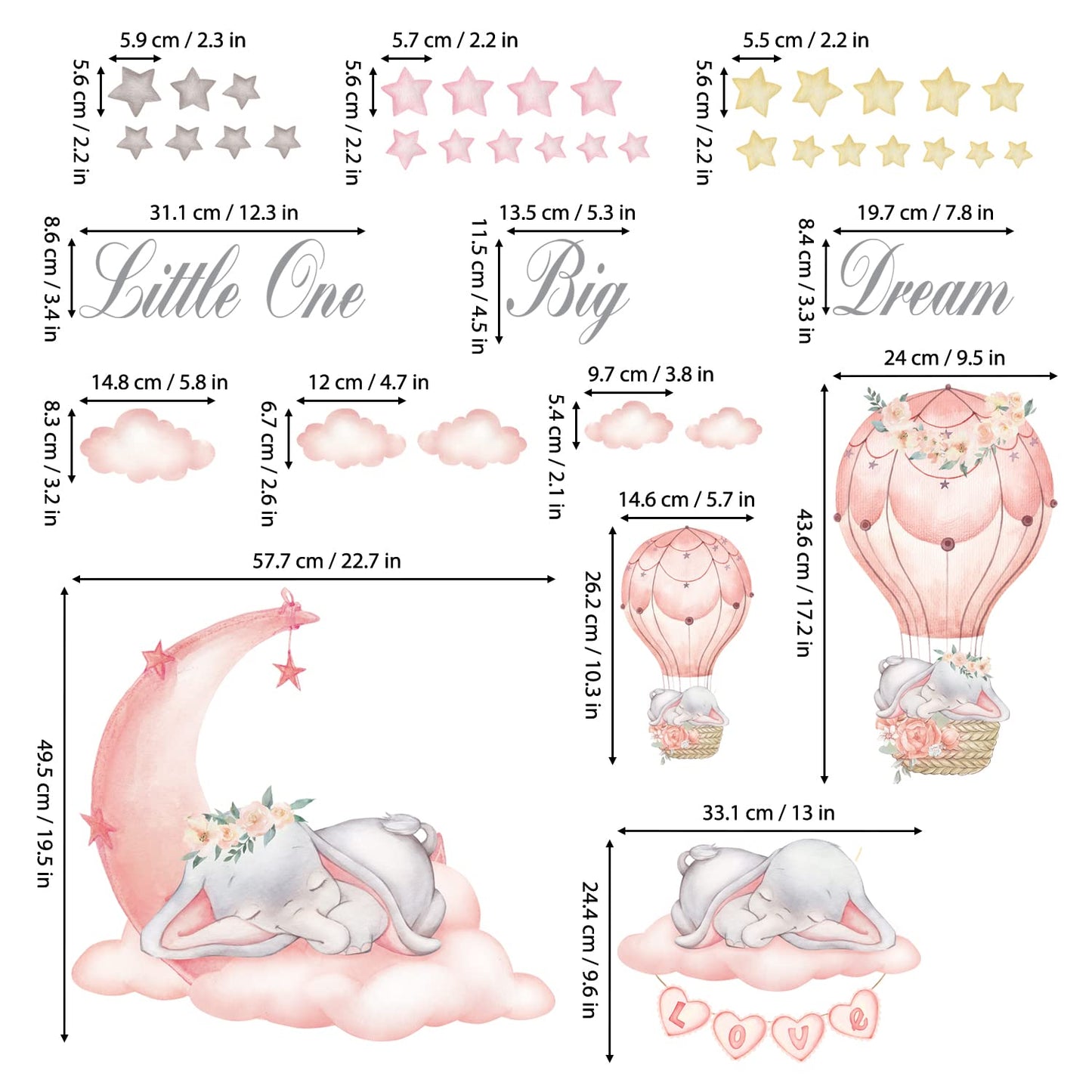 DECOWALL SG-2203 Dream Big Little One Wall Stickers Elephant Quote Moon Stars Decal for Kids Baby Bedroom Nursery Living Room Art Home Decor Decoration Removable Baby Girl Pink