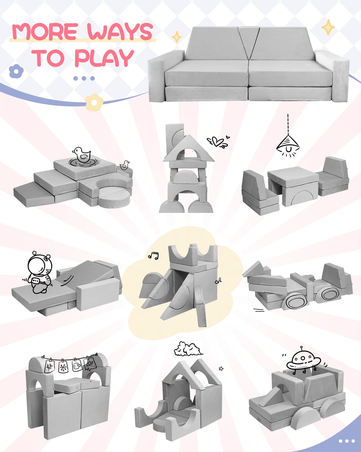 YEFU 15pcs Modular Kids Play Couch, Kids Couch for Toddler & Children, Toddler couches, Kid Couches Fort Building kit for Playroom Furniture, Kid Play Couches, Convertible Sofa for Boys & Girls, Grey
