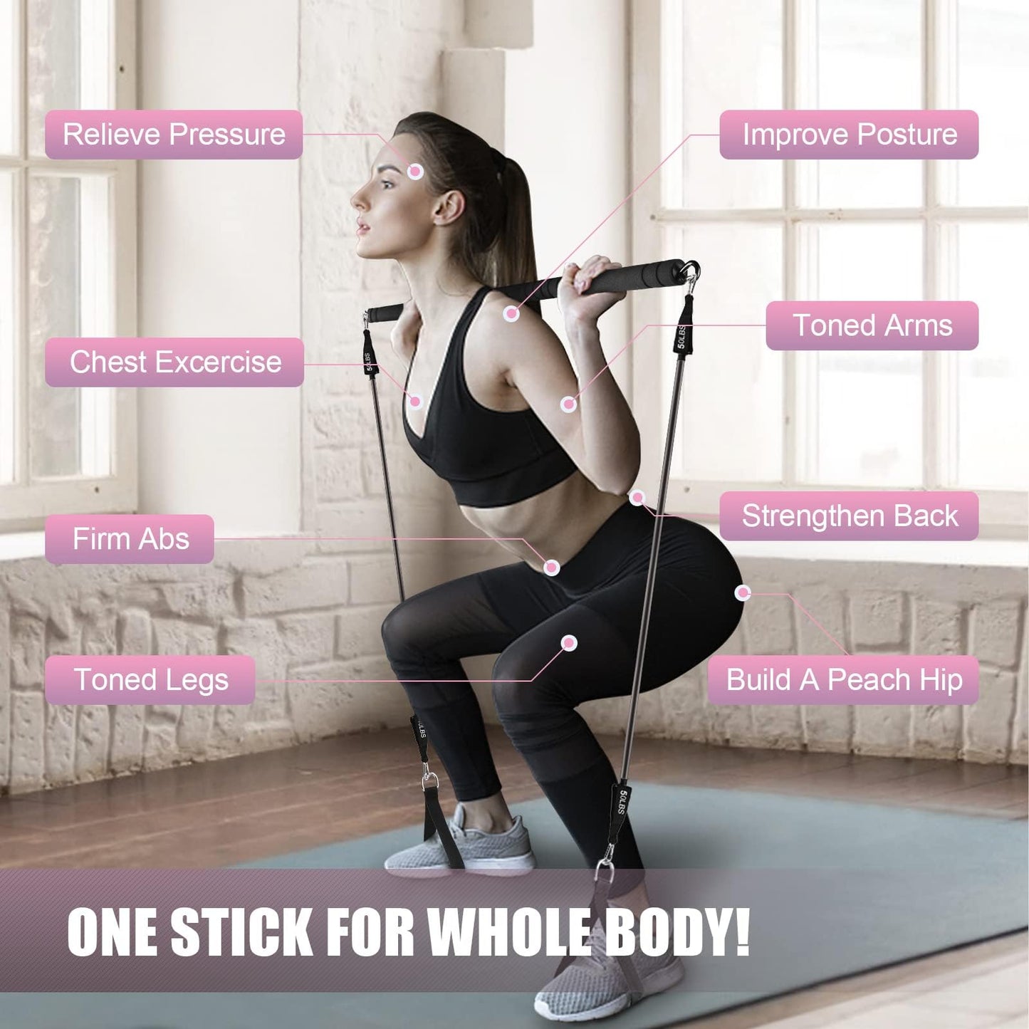 Pilates Bar Kit with Resistance Band-Multifunctional Portable Weighted Exercise Pilates Bar, Home Gym with Beginner Workout Equipment, Yoga Set for Full Body