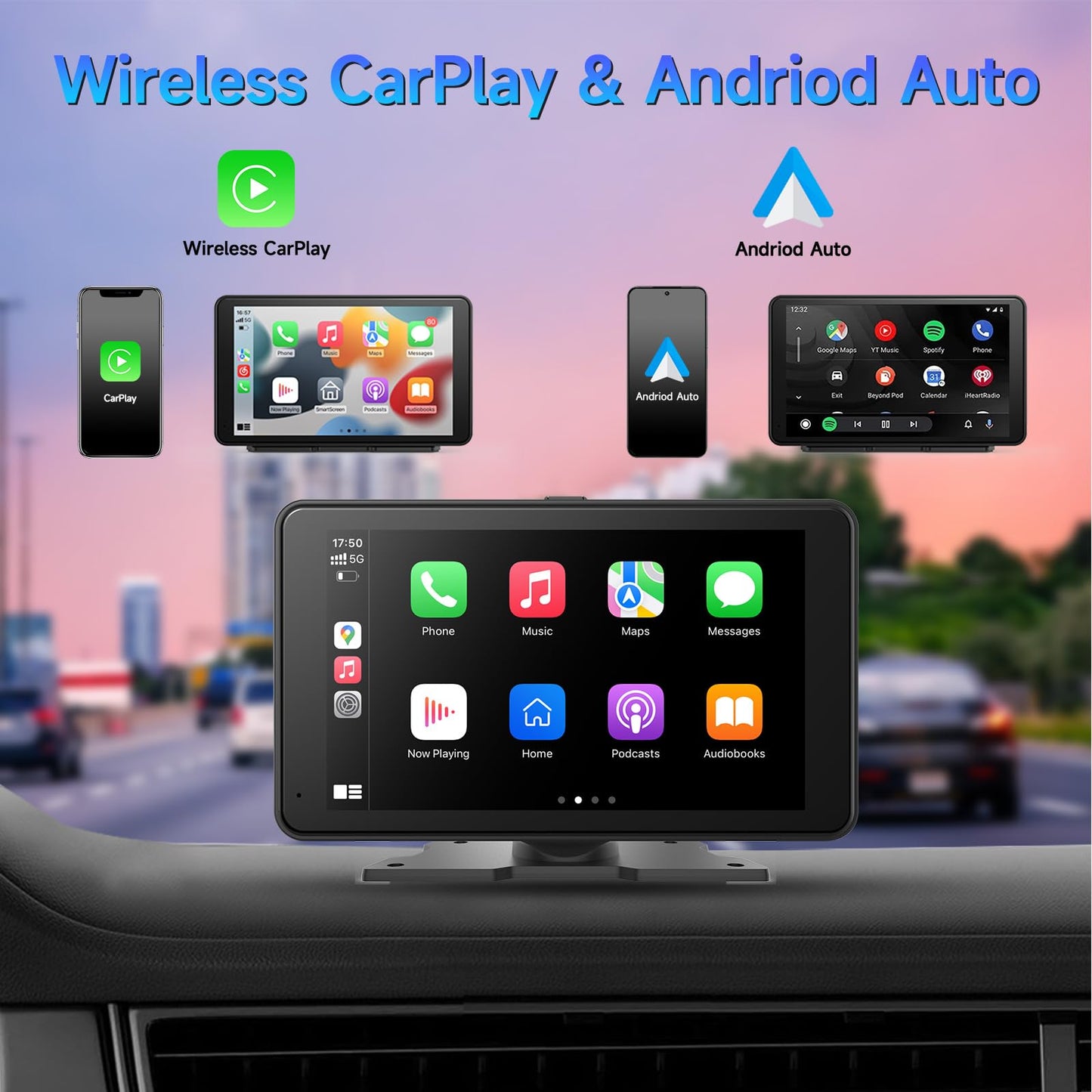 Portable Wireless Carplay Screen for Car, 4K HD A-pple CarPlay & Android Auto Touchscreen with Backup Camera/Mirror Link/Car Audio Receivers/Bluetooth/Siri/GPS Navigation-7 Inch