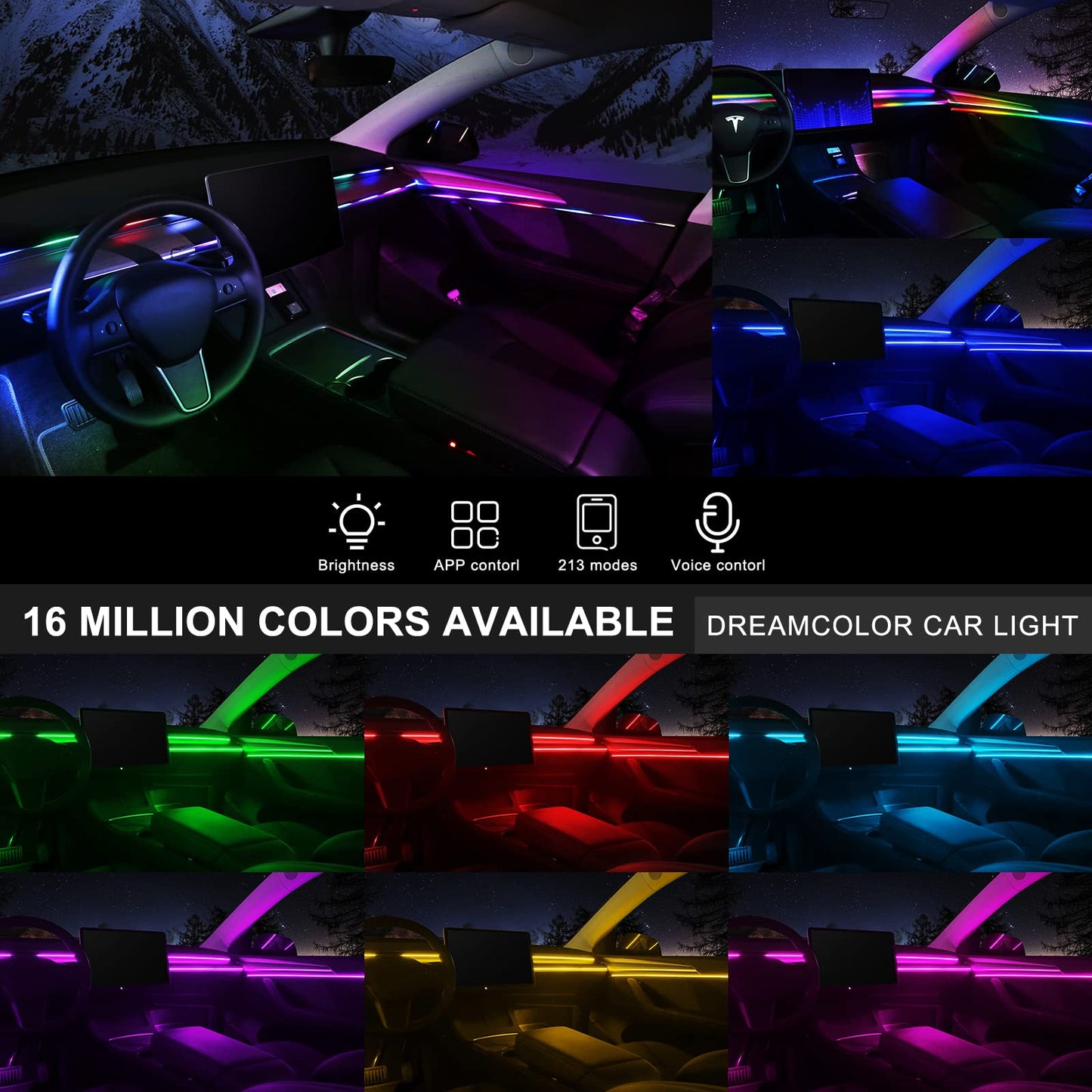 Tesla Model 3/Y/S/X Dreamcolor Acrylic Interior Car LED Strip Light with USB/Type C, 10 in 1 with 175 inches 600 LEDs Tesla Ambient Lighting Kits, Sound Active Function Neon Tesla Accessories