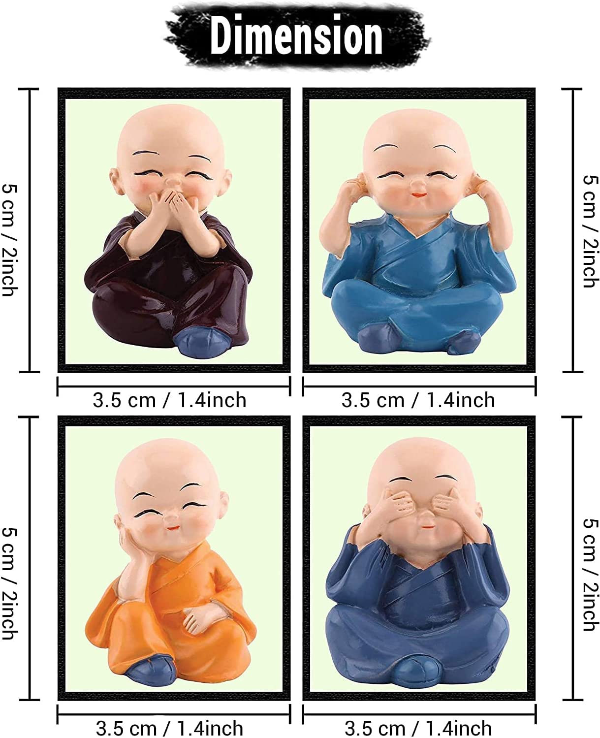 TIED RIBBONS 4 Pcs Baby Buddha Statue | Resin, 2 Inch | Buddha Monk Statue, Car Dashboard Decoration, Office, Table, Shelves, Home, Living Room, Buddha Decor | Mini Buddha Statue