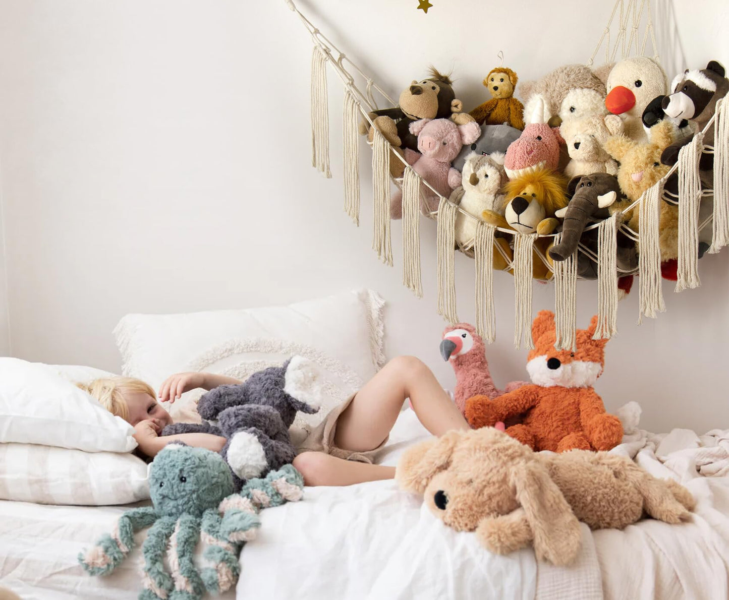 Stuffed Animal Storage Hammock Corner X-Large with LED Light - Baby Hammock Hanging Holder Plushies Net for Stuff Animals Organizer - Cute Room Decor Aesthetic Kids Toddler Nursery Bedroom Boho