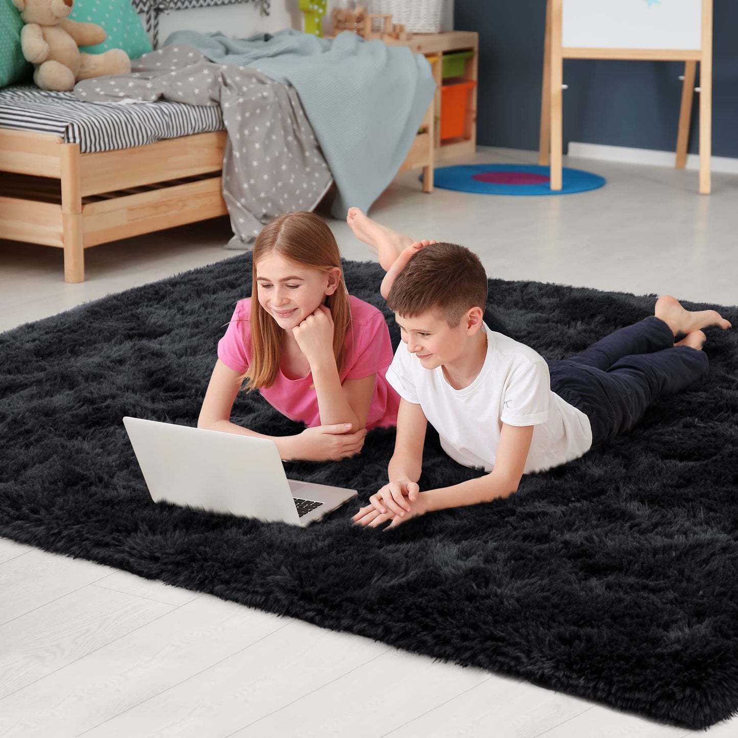 Noahas Fluffy Area Rugs for Living Room,4x5.3 Feet Black Rugs for Bedroom,Thick Shag Throw Floor Carpet,Soft Shaggy Bedside Non-Slip Plush Dorm Nursery Kids Rug Home Decor Aesthetic