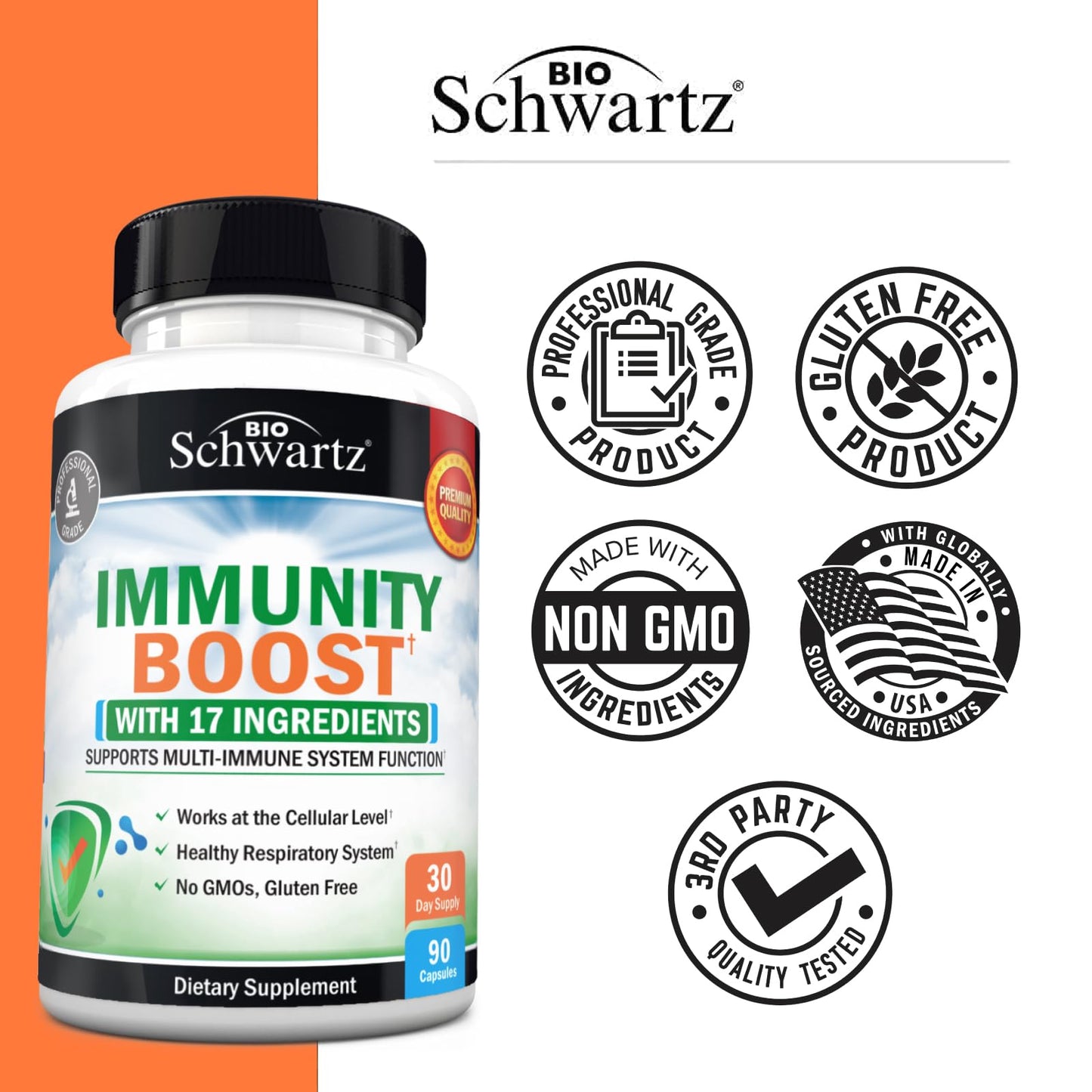 BioSchwartz Immune Support Supplement - Vitamin C with Zinc Elderberry Extract Ginger Bee Propolis Beta Carotenes, Immunity Boost for Adults, Immune Defense Antioxidant Vitamins, 90 Capsules