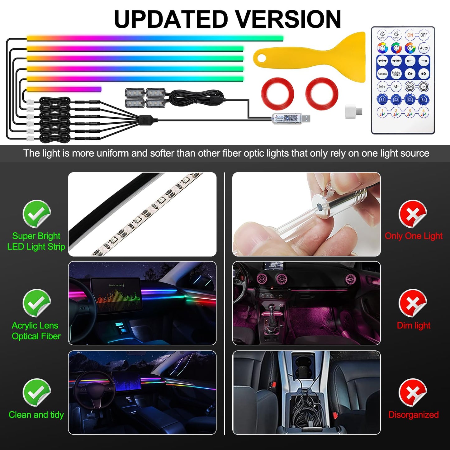 Tesla Model 3/Y/S/X Dreamcolor Acrylic Interior Car LED Strip Light with USB/Type C, 10 in 1 with 175 inches 600 LEDs Tesla Ambient Lighting Kits, Sound Active Function Neon Tesla Accessories