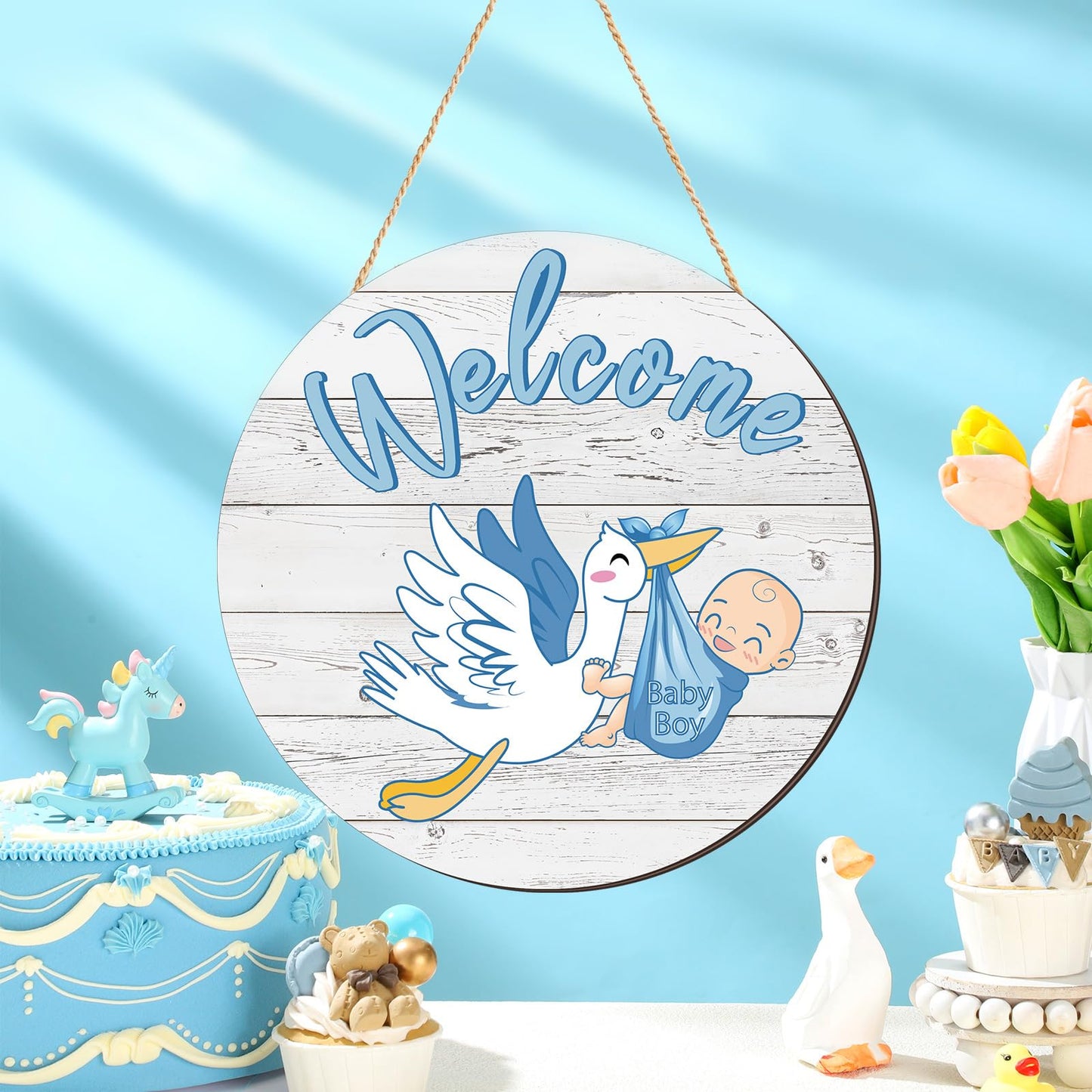 Chunful Baby Boy Door Sign Gender Reveal Welcome Sign Hanging Wreath Round Rustic Wood Farmhouse Decorations Holiday Front Door Decor for Baby Shower Porch Party Supplies