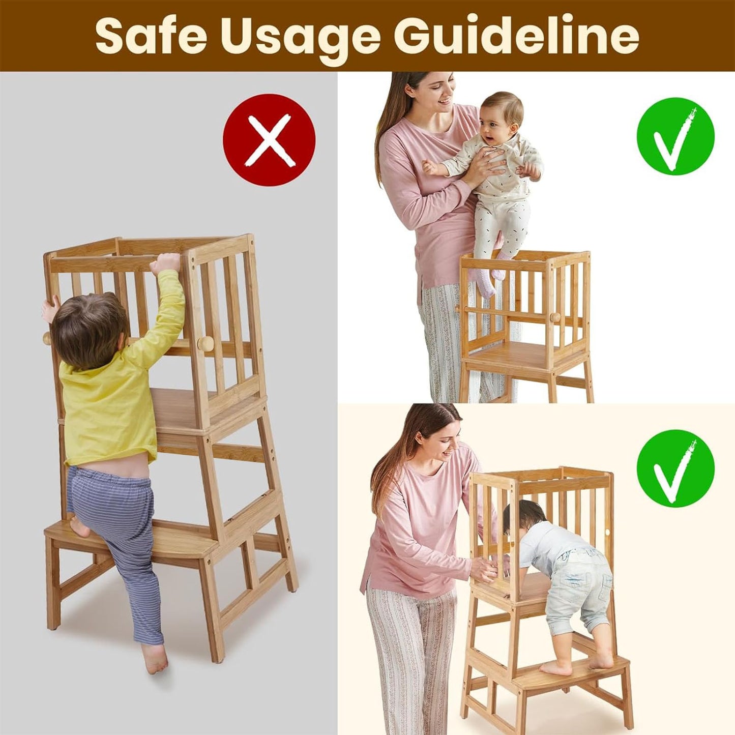 COSYLAND Kids Kitchen Step Stool,Toddler Standing Tower with CPC Certification, Removable Anti-Drop Railing Safety Rail Enjoys Unique Patented Design A Anti-tip Structure More Stable, Natural Bamboo