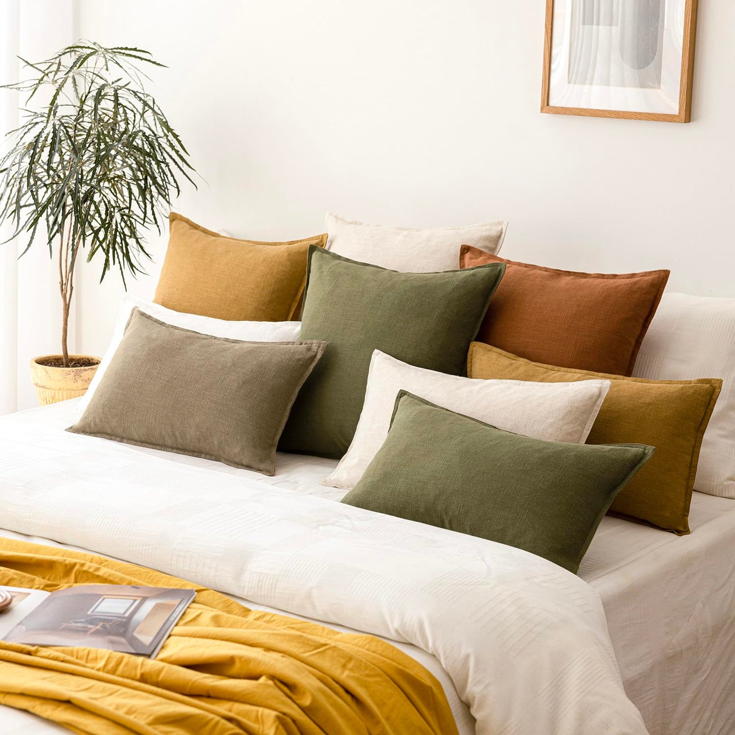 Foindtower Pack of 2, Decorative Linen Soild Throw Pillow Covers Soft Accent Cushion Case Boho Farmhouse Pillowcase for Chair Couch Sofa Bedroom Living Room Home Decor 20 x 20 Inch Olive Green