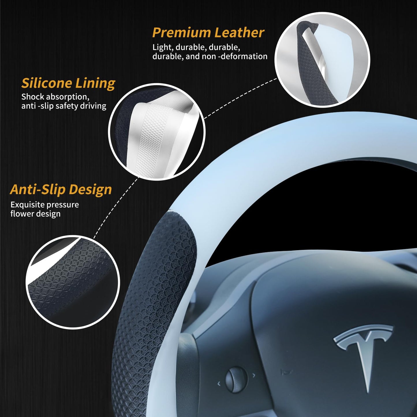 Uxcer Nappa Leather Steering Wheel Cover for Tesla Model 3/Y 2016-2025, Non-Slip Breathable Tesla Model 3/Y Steering Wheel Protector, White