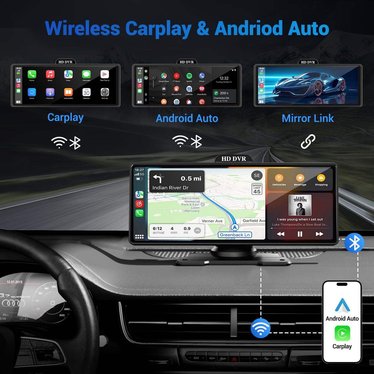 Wireless Apple Carplay Screen for Car 4K Dash Cam, 10.26" HD Touchscreen with Portable Apple Carplay & Android Auto Car Stereo, 1080p Backup Camera, GPS Navigation/Mirror Link/Voice Control/Bluetooth