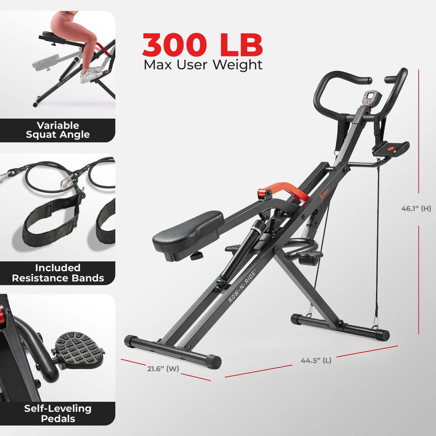 Sunny Health & Fitness Row-N-Ride PRO Smart Squat Rowing Machine for Home, 300 LB Weight Capacity Rower with 12 Level Hydraulic Resistance, Easy Setup Full Body Exercise Equipment - SF-A020052SMART