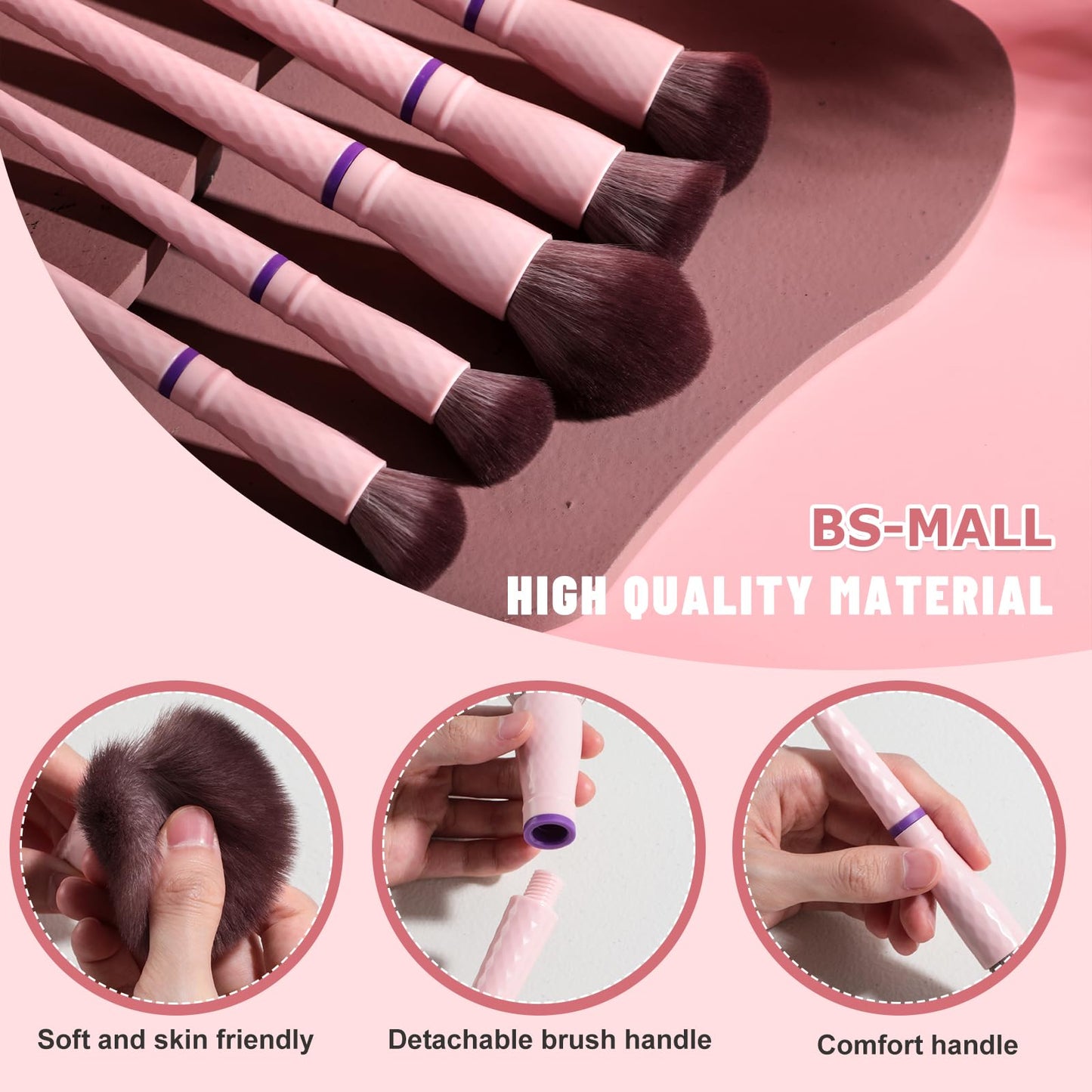 BS-MALL Travel Makeup Brushes – Professional and Durable 16-piece Set Detachable Rotating Handles, Eco-Friendly Design, Comes with Storage Barrel(Pink Travel Case)