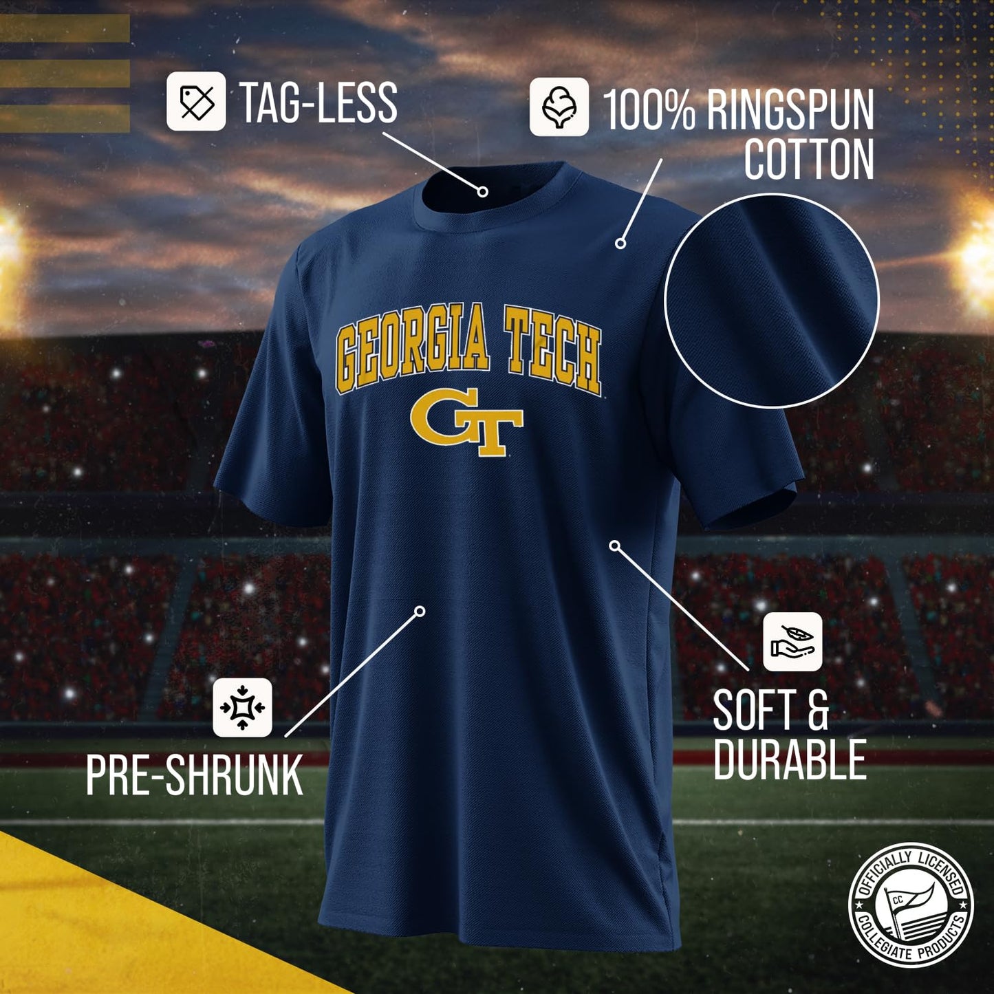 Campus Colors NCAA Adult Gameday Cotton T-Shirt - Premium Quality - Semi-Fitted Style - Officially Licensed Product (Georgia Tech Yellowjackets - Navy, Small)