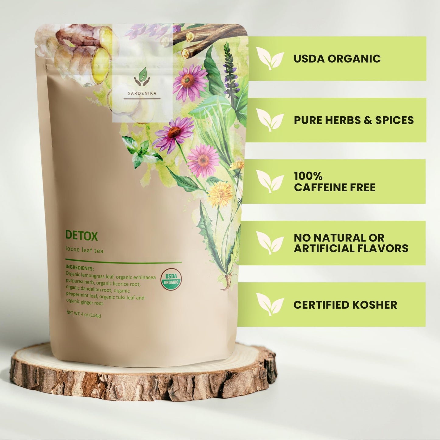 Organic Dandelion Root Detox Loose Leaf Tea, Herbal, Caffeine-Free, KSA Kosher, Ayurvedic with Lemongrass, Peppermint, Echinacea – 4 oz (1 Pack)